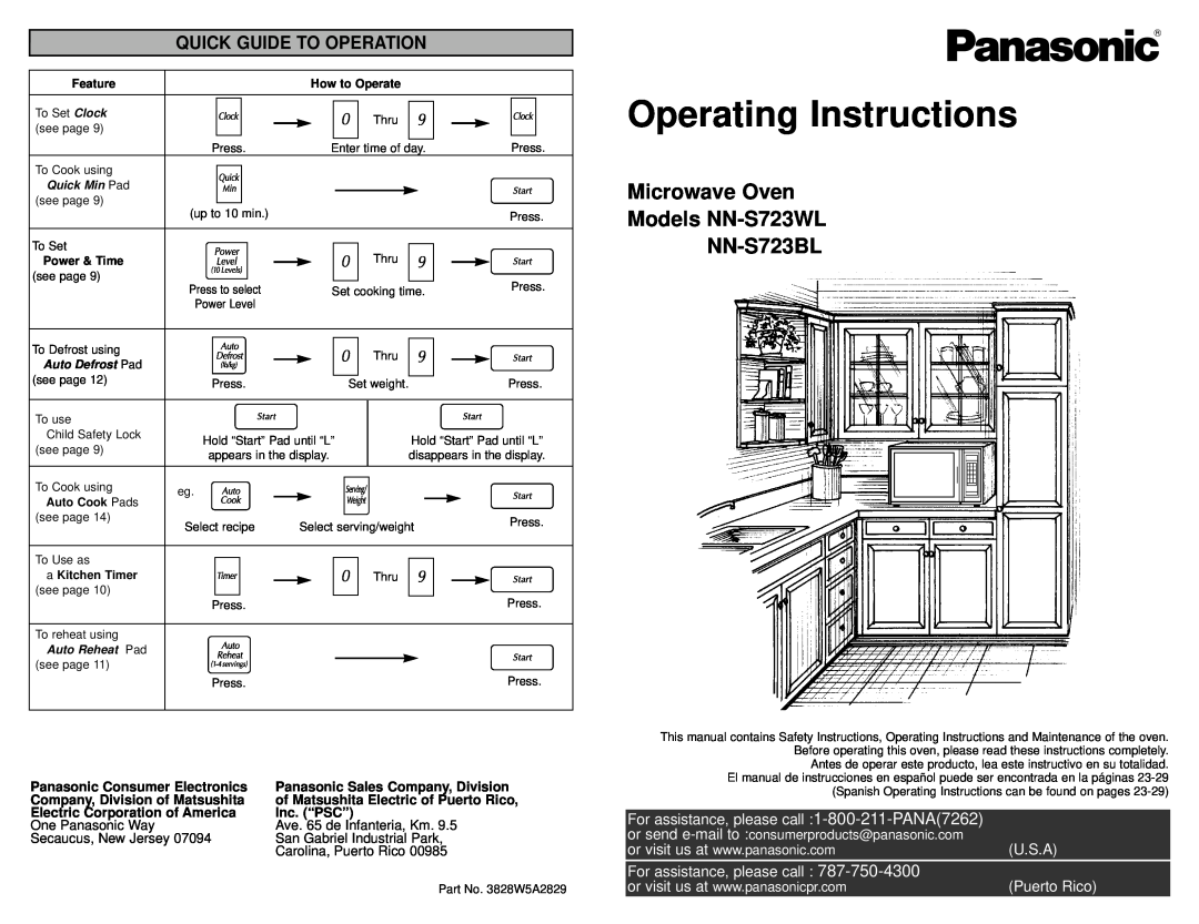 Panasonic manual Operating Instructions, Microwave Oven Models NN-S723WL NN-S723BL, Quick Guide To Operation, PANA7262 
