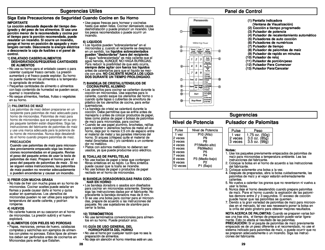 Panasonic NN-S723BL, NN-S723WL manual Sugerencias Utiles, Panel de Control, Nivel de Potencia, Pulsador de Palomitas 