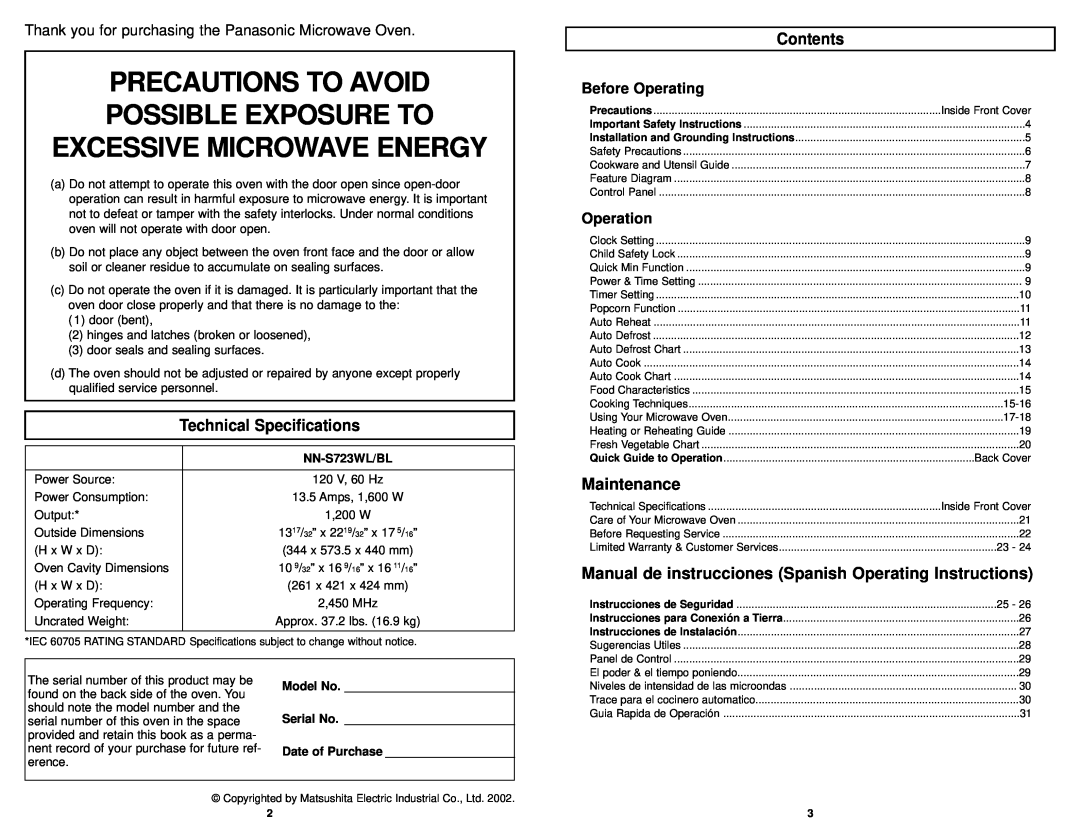Panasonic NN-S723WL manual Precautions To Avoid Possible Exposure To Excessive Microwave Energy, Technical Specifications 