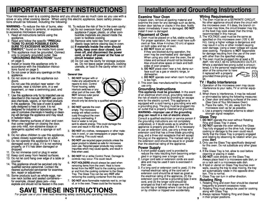 Panasonic NN-S723BL manual Important Safety Instructions, Save These Instructions, Examine Your Oven, Placement of Oven 
