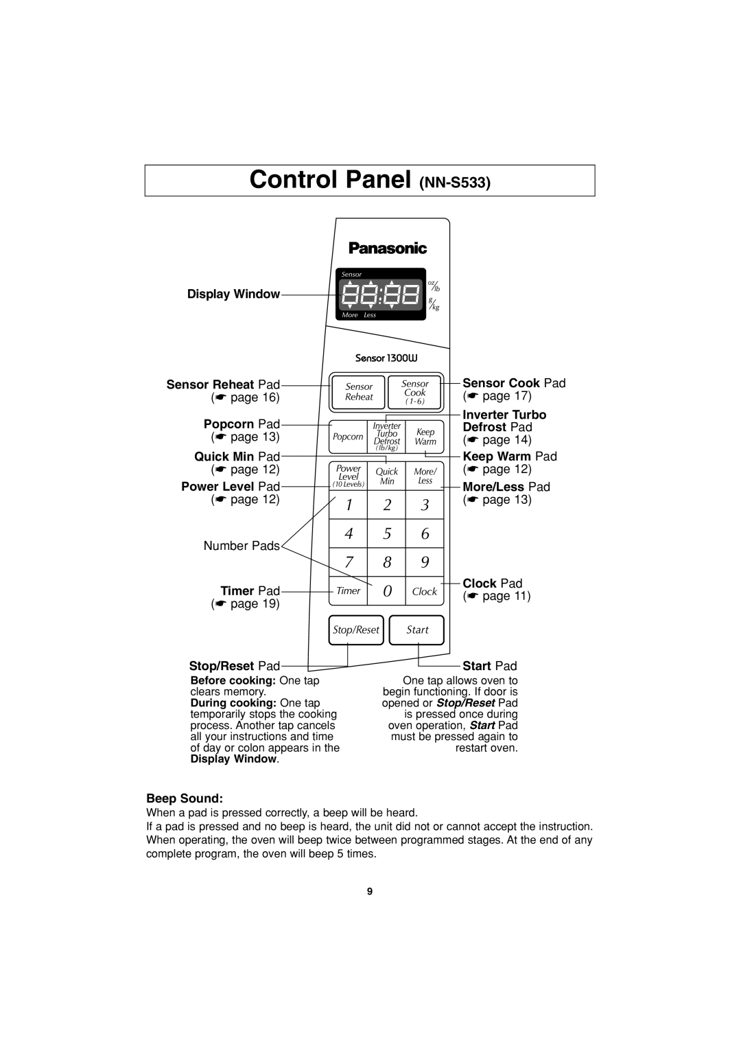 Panasonic NN-S743, NN-S943 Control Panel NN-S533, Before cooking One tap, During cooking One tap, Display Window 