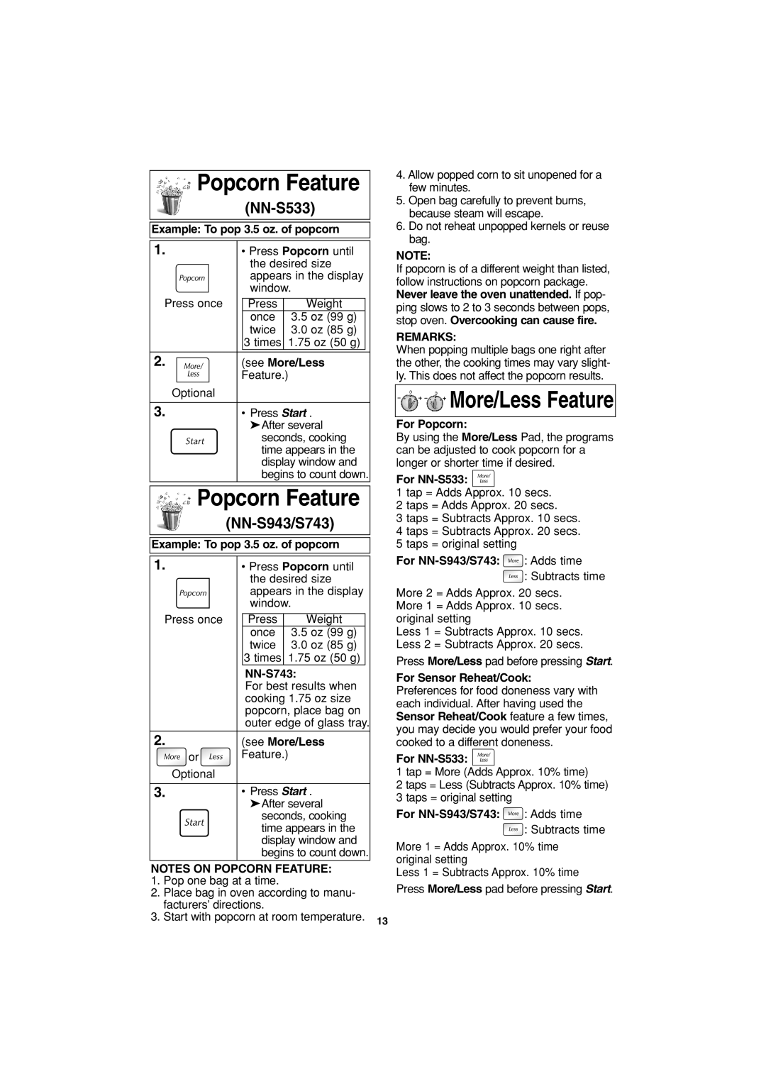 Panasonic NN-S743 important safety instructions Popcorn Feature, NN-S533, NN-S943/S743 