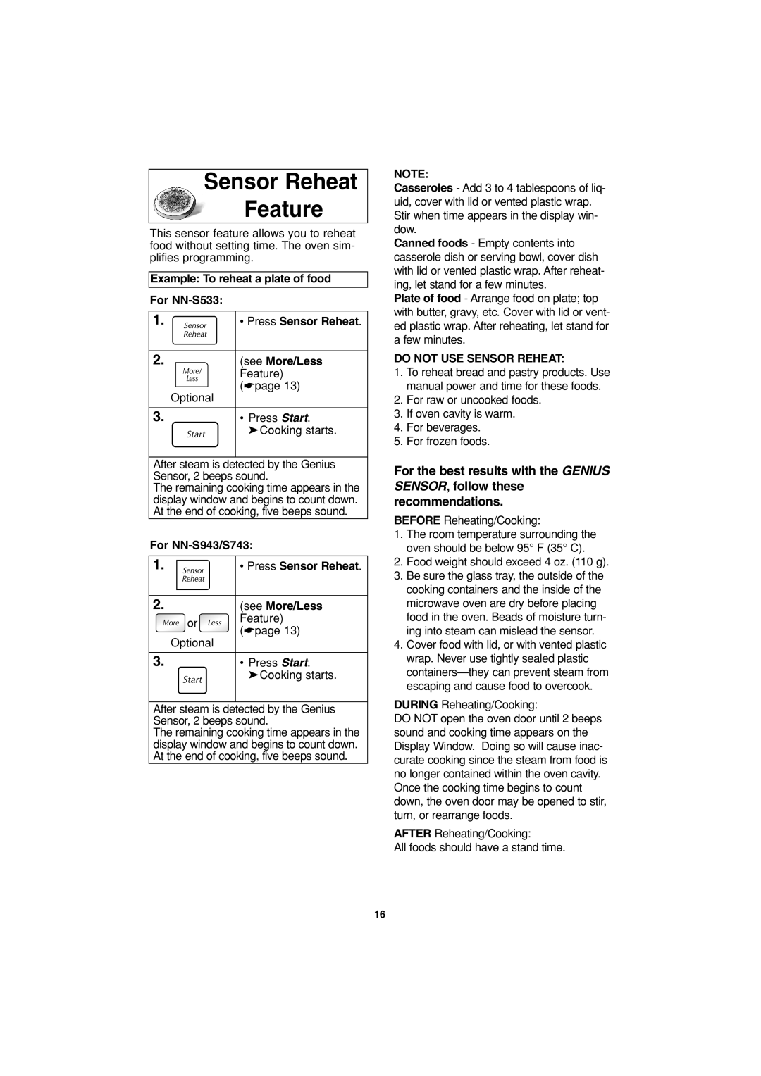 Panasonic NN-S743, NN-S533 Sensor Reheat Feature, For NN-S943/S743 Press Sensor Reheat See More/Less 