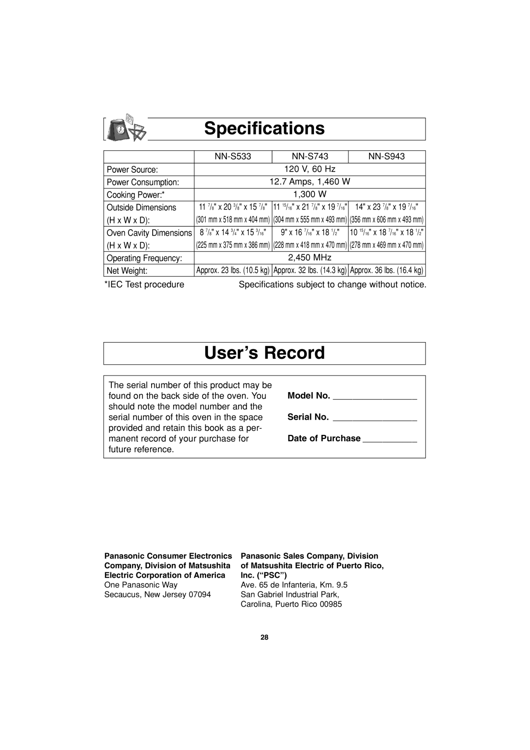 Panasonic NN-S743, NN-S943, NN-S533 important safety instructions Specifications, User’s Record 