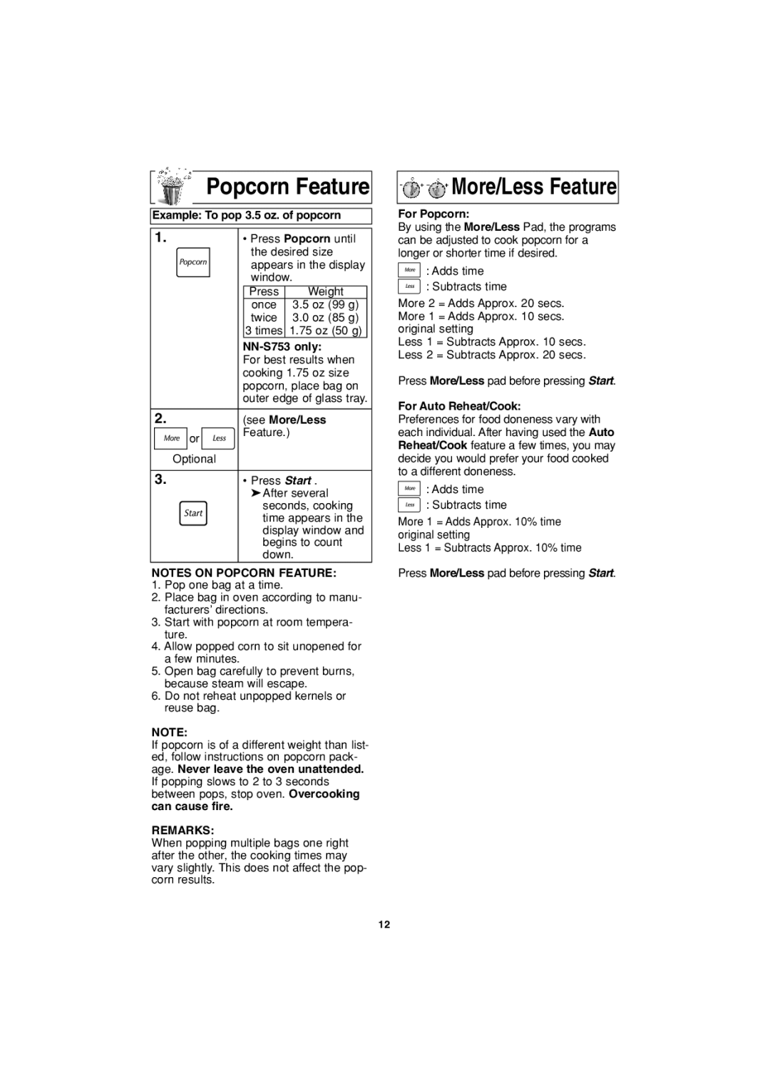 Panasonic NN-S753, NN-S953 operating instructions Popcorn Feature 