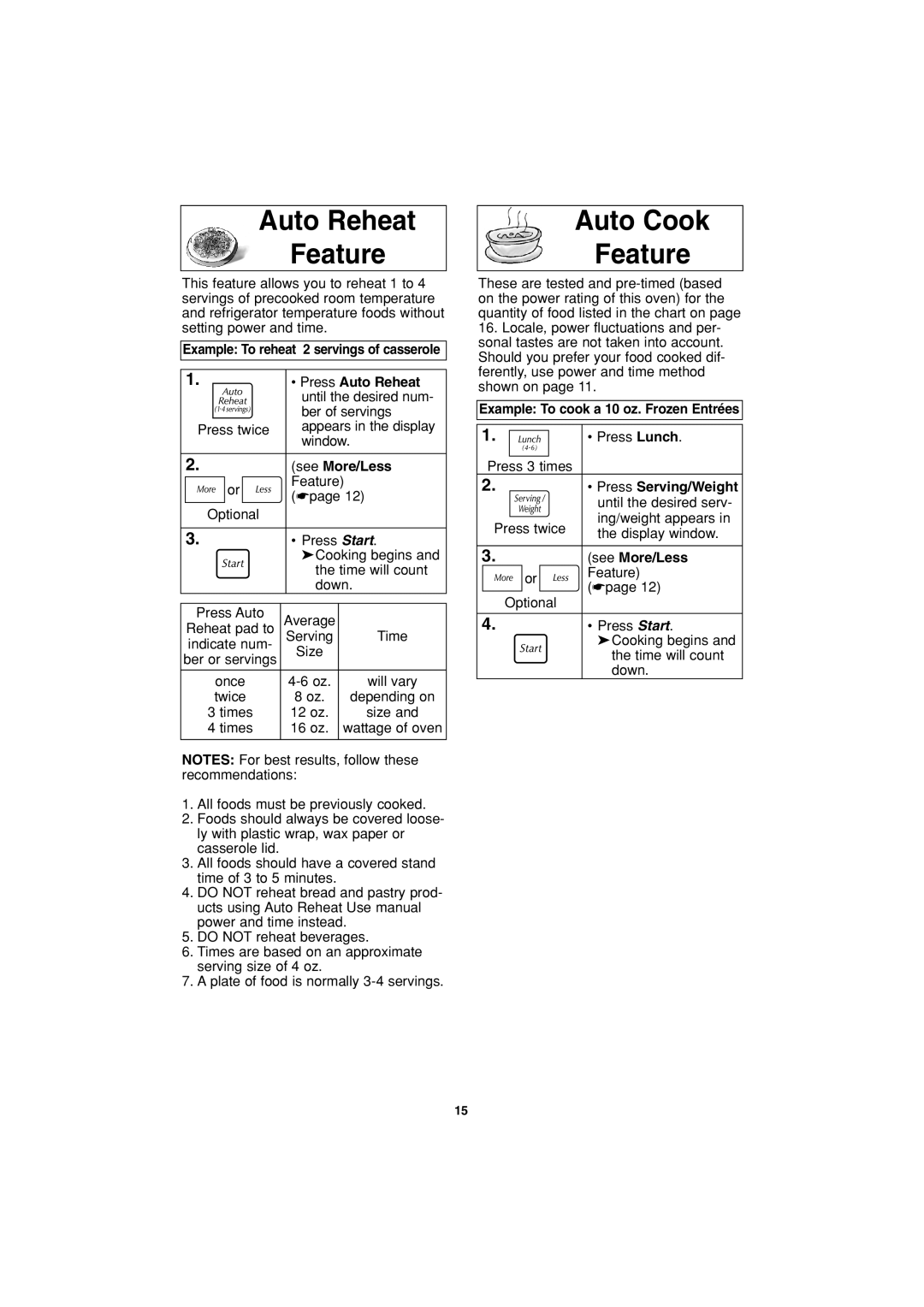 Panasonic NN-S953 Auto Reheat Feature, Auto Cook Feature, Example To reheat 2 servings of casserole Press Auto Reheat 