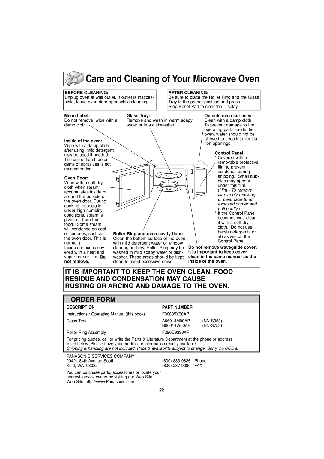 Panasonic NN-S753, NN-S953 operating instructions Care and Cleaning of Your Microwave Oven 