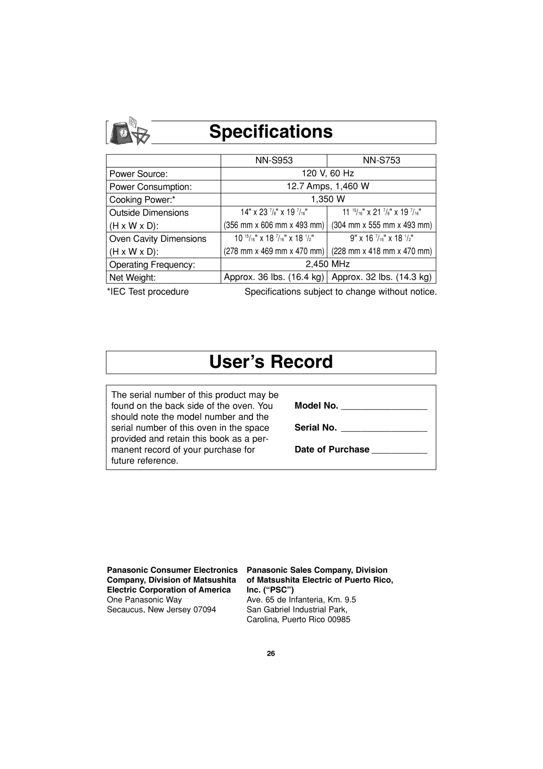 Panasonic NN-S753, NN-S953 operating instructions Specifications, User’s Record, Model No, Serial No, Date of Purchase 