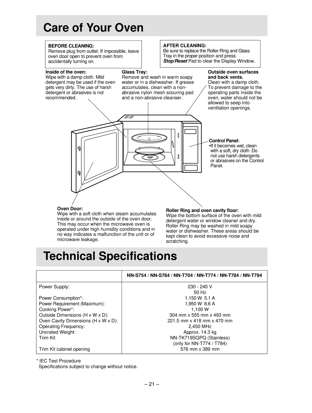 Panasonic NN-S754 manual Carehof Your Oven, Technical Specifications 