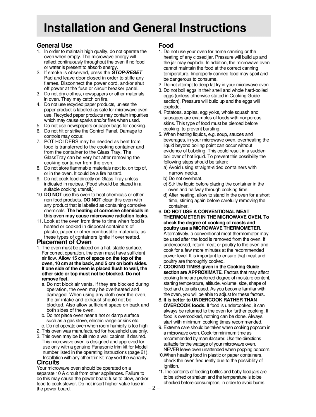 Panasonic NN-S754 manual HInstallationh and General Instructions, General Use Food, Placement of Oven, Circuits 