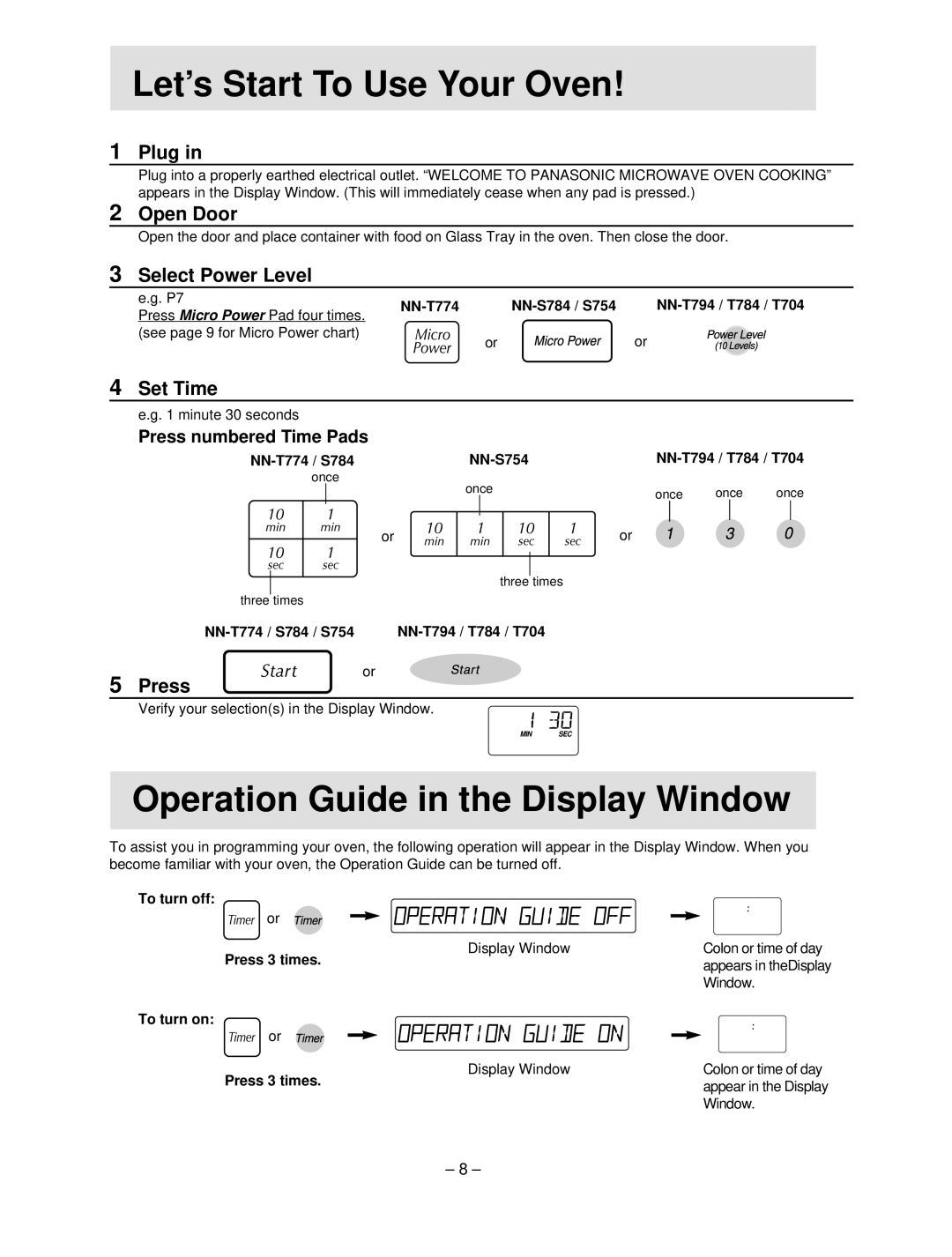 Panasonic NN-S754 manual Let’shStart To Use Your Oven, Operation Guide in the Display Window 