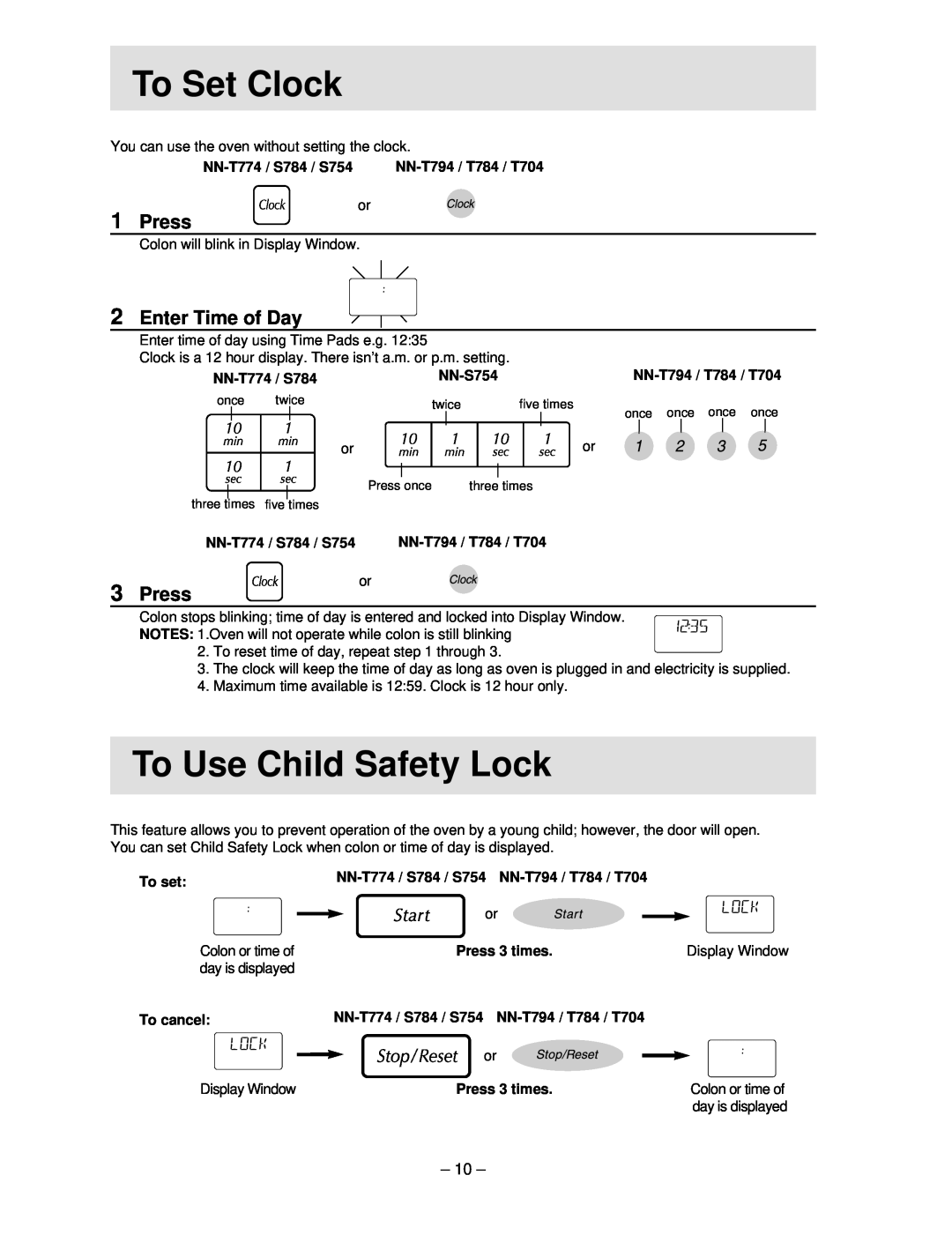 Panasonic NN-S754 manual hTo Seth Clock, To Use Child Safety Lock, 1Press, 2Enter Time of Day, 3Press 