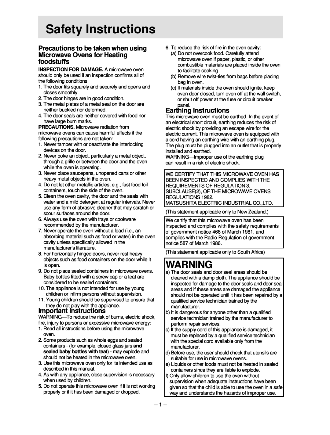 Panasonic NN-S754 manual Important Instructions, Earthing Instructions, hSafetyh Instructions 