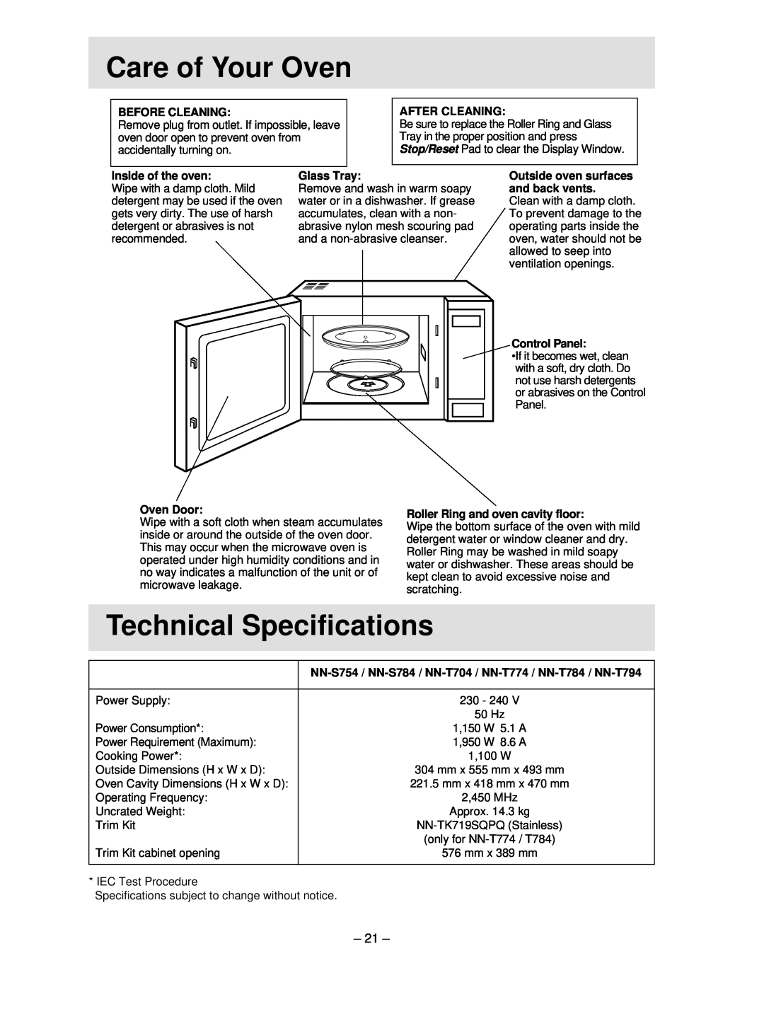 Panasonic NN-S754 manual hCarehof Your Oven, Technical Specifications 