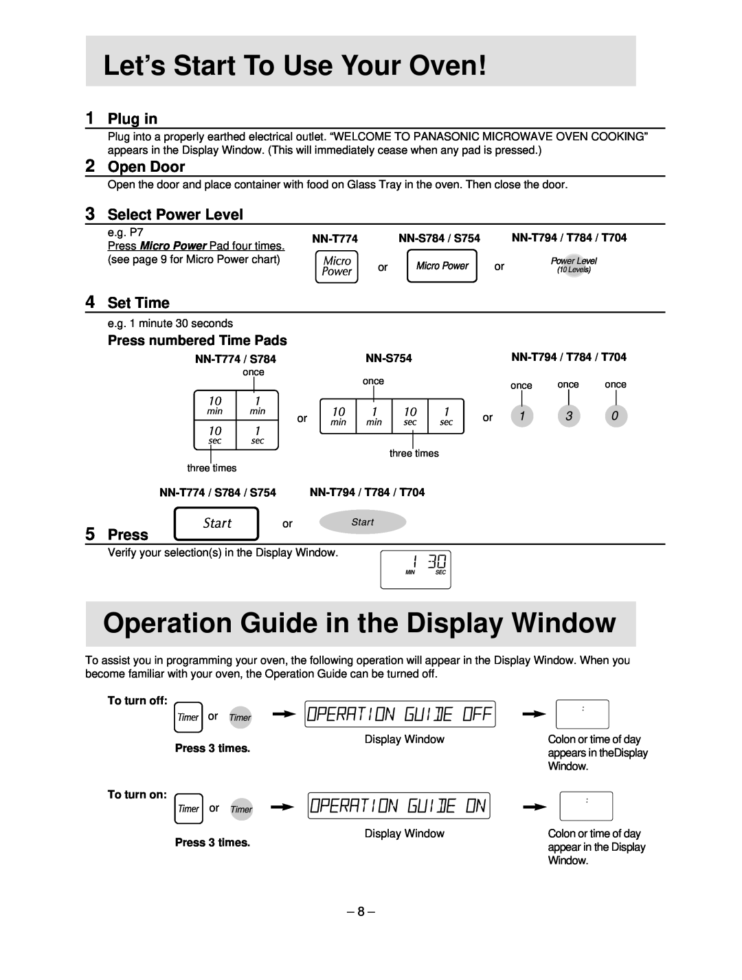 Panasonic NN-S754 hLet’shStart To Use Your Oven, Operation Guide in the Display Window, 1Plug in, 2Open Door, 4Set Time 
