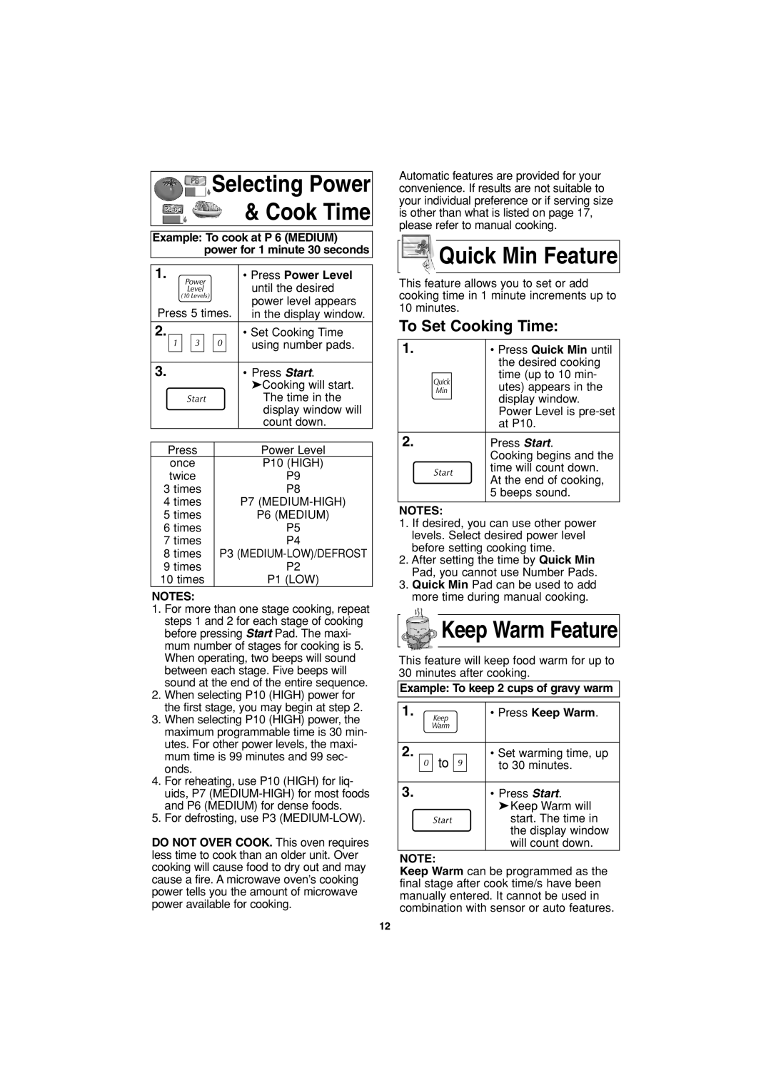 Panasonic NN-S963, NN-S763 Quick Min Feature, To Set Cooking Time, Press Power Level, Example To keep 2 cups of gravy warm 