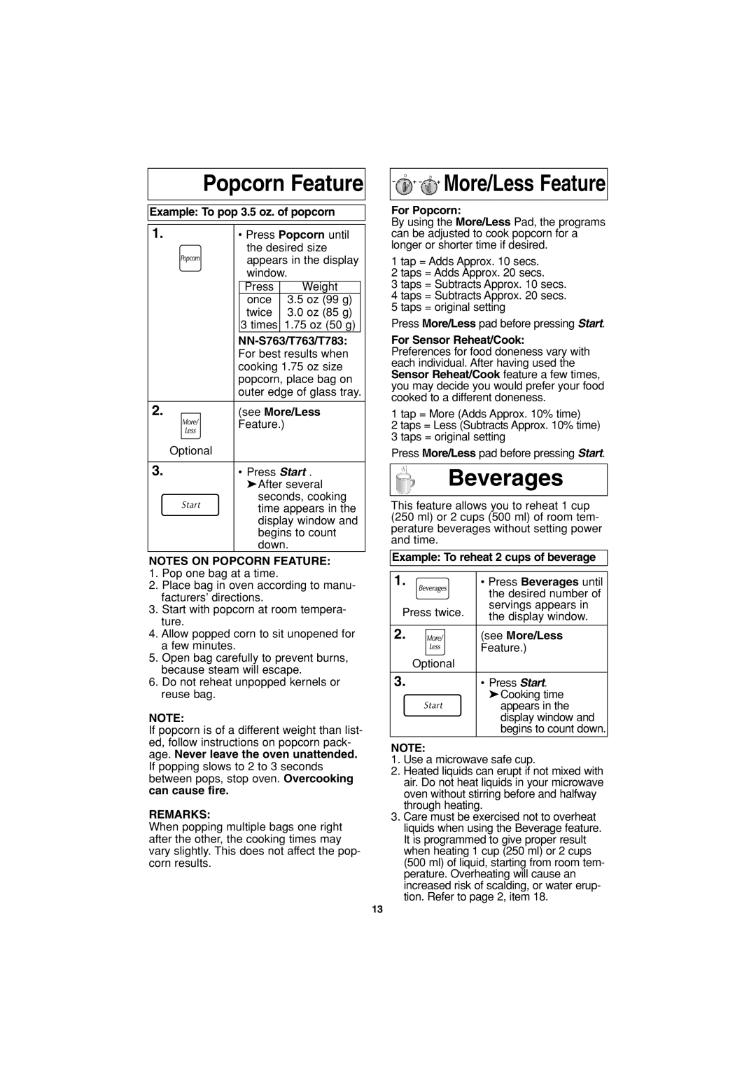 Panasonic NN-S763, NN-T763, NN-S963 important safety instructions Popcorn Feature, Beverages, Remarks 