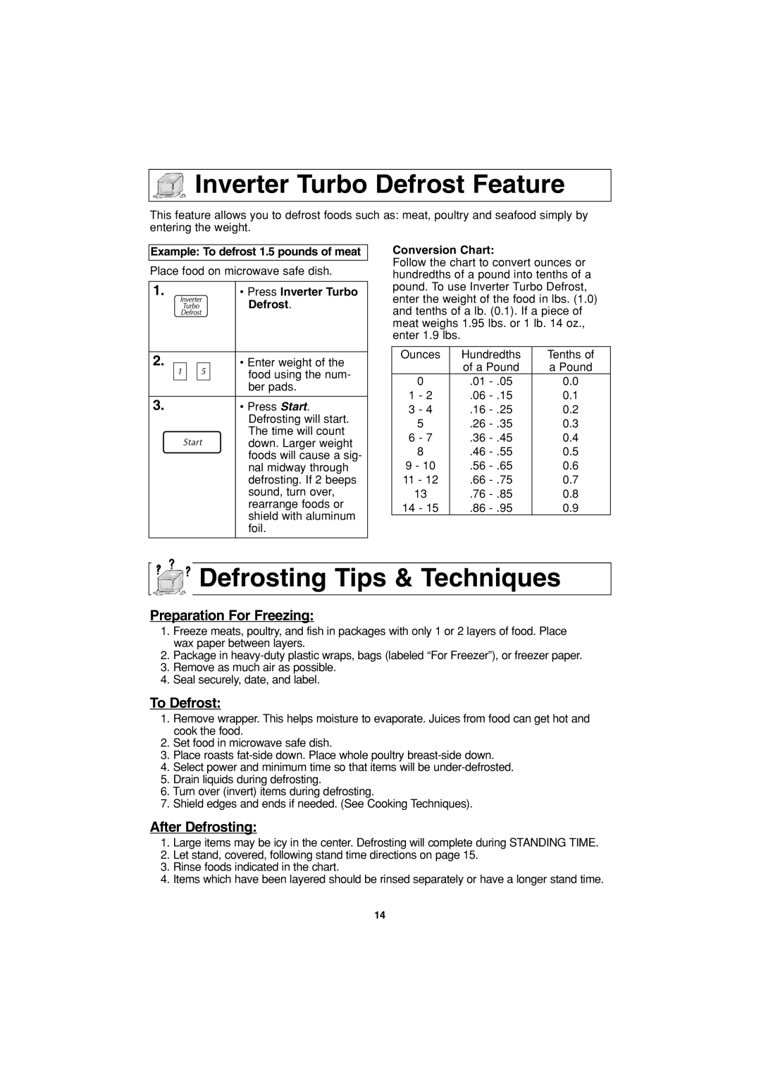 Panasonic NN-T763 Inverter Turbo Defrost Feature, Defrosting Tips & Techniques, Example To defrost 1.5 pounds of meat 