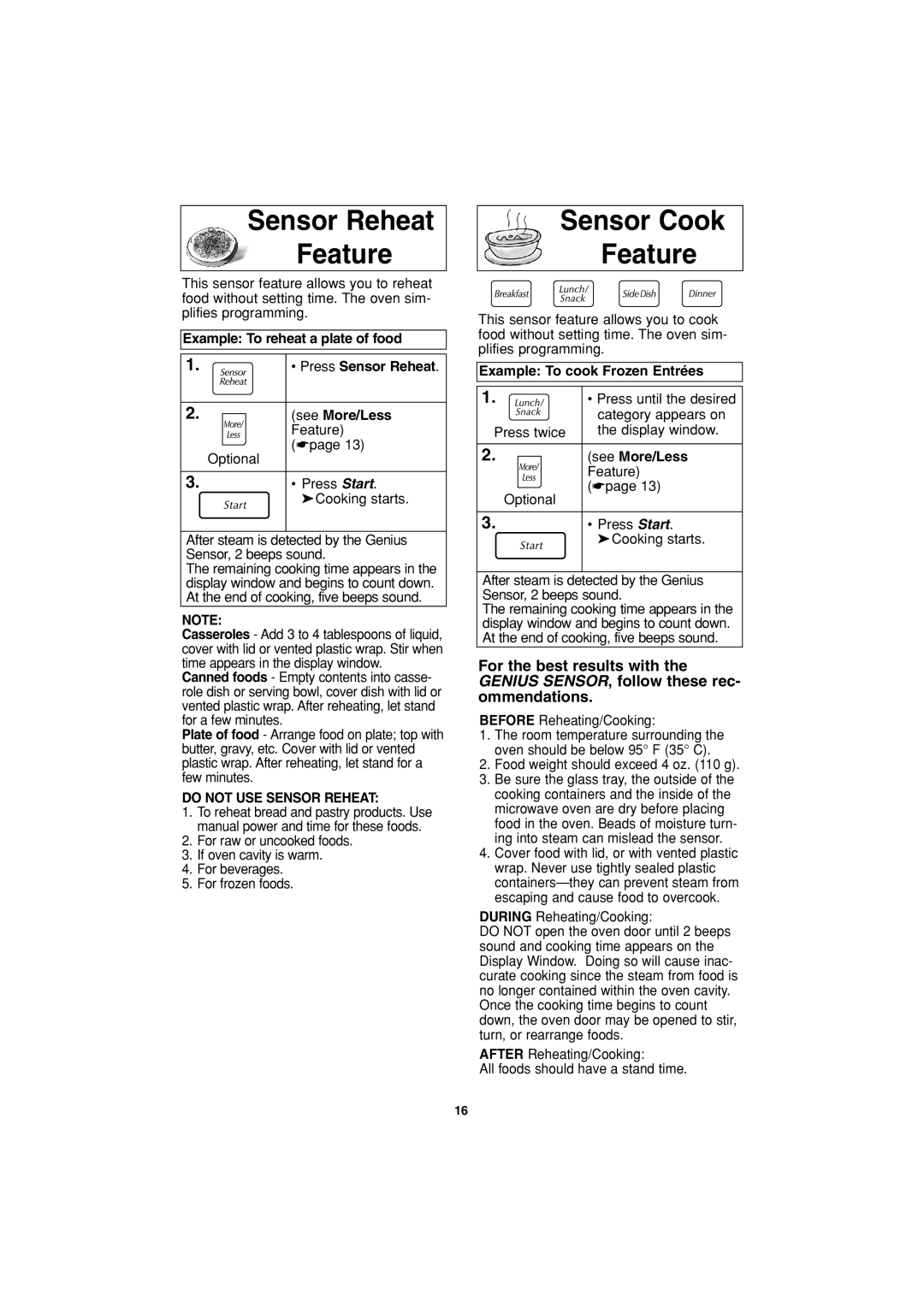 Panasonic NN-S763 Sensor Reheat Feature, Sensor Cook Feature, Do not USE Sensor Reheat, Example To cook Frozen Entrées 