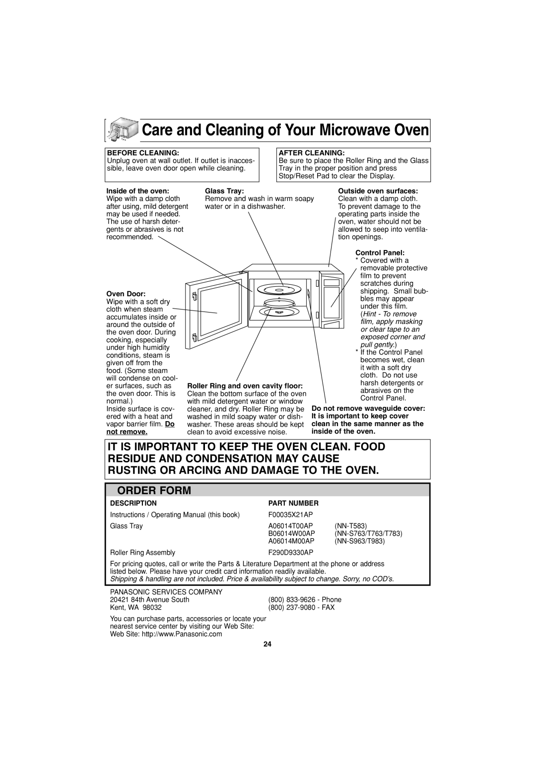 Panasonic NN-S963, NN-S763, NN-T763 important safety instructions Care and Cleaning of Your Microwave Oven 