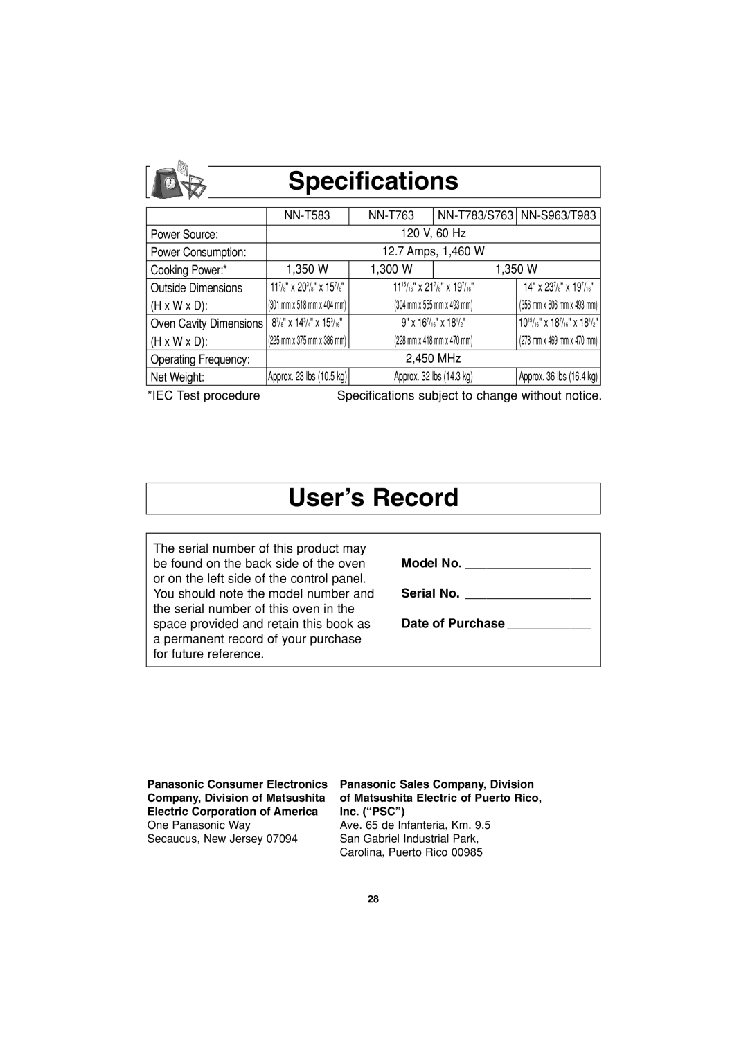 Panasonic NN-S763, NN-T763, NN-S963 Specifications, User’s Record, 120 V, 60 Hz, 350 W 300 W, Operating Frequency 450 MHz 