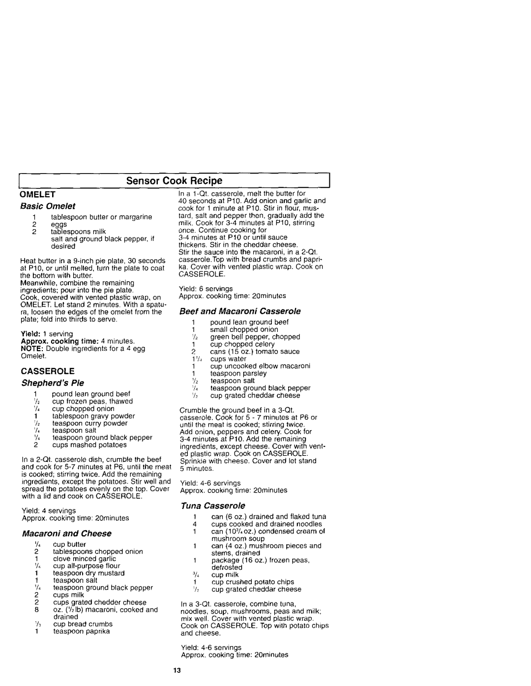 Panasonic NN-S961 manual Sensor Cook Recipe, Approx. cooking time 4 minutes, Casserole 