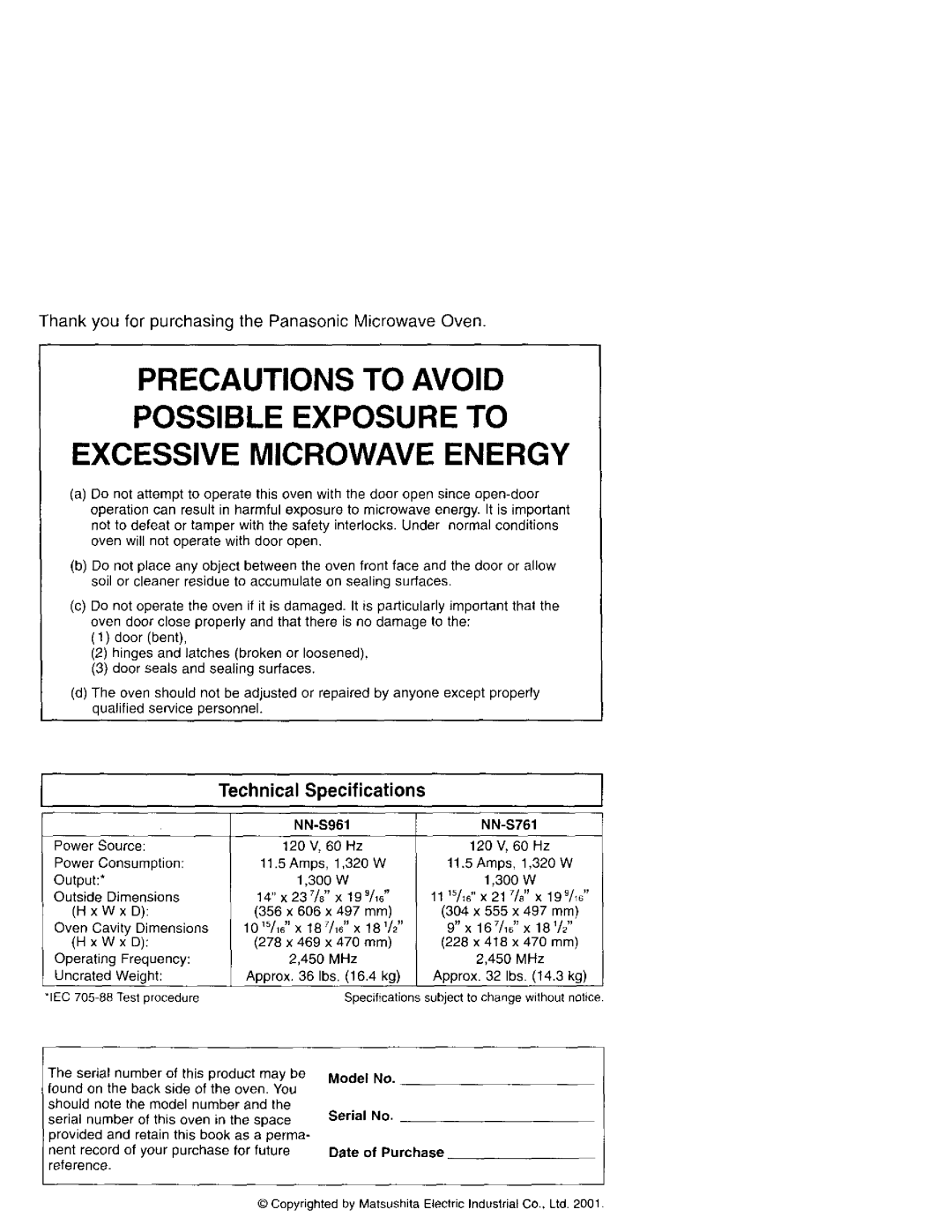 Panasonic NN-S961 manual Technical Specifications, 450 MHz 