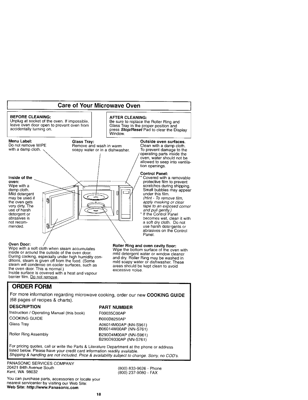 Panasonic NN-S961 manual Care of Your Microwave Oven, Order Form, Before Cleaning, After Cleaning, Description 