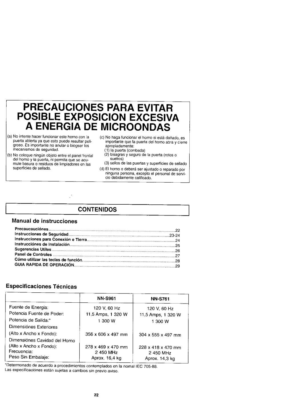 Panasonic NN-S961 manual Especificaciones Tecnicas, NN-S761, Fondo, Rapida 