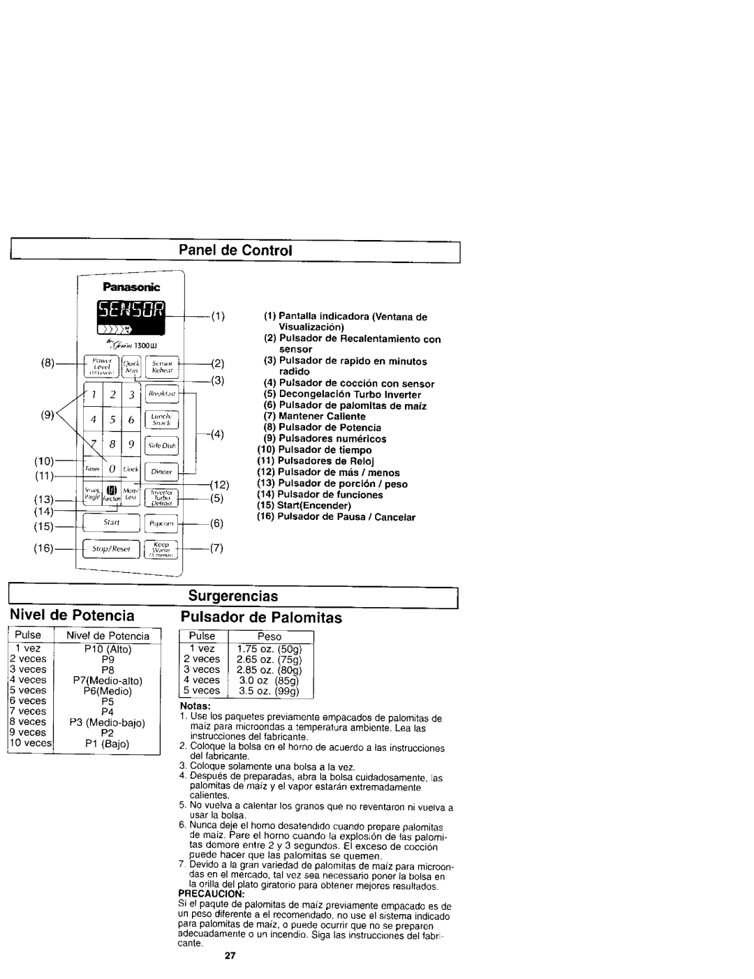 Panasonic NN-S961 Panel de Control Nivel de Potencia, SurgerenciasI Pulsador de Palomitas, Pantalla indicadora Ventana de 