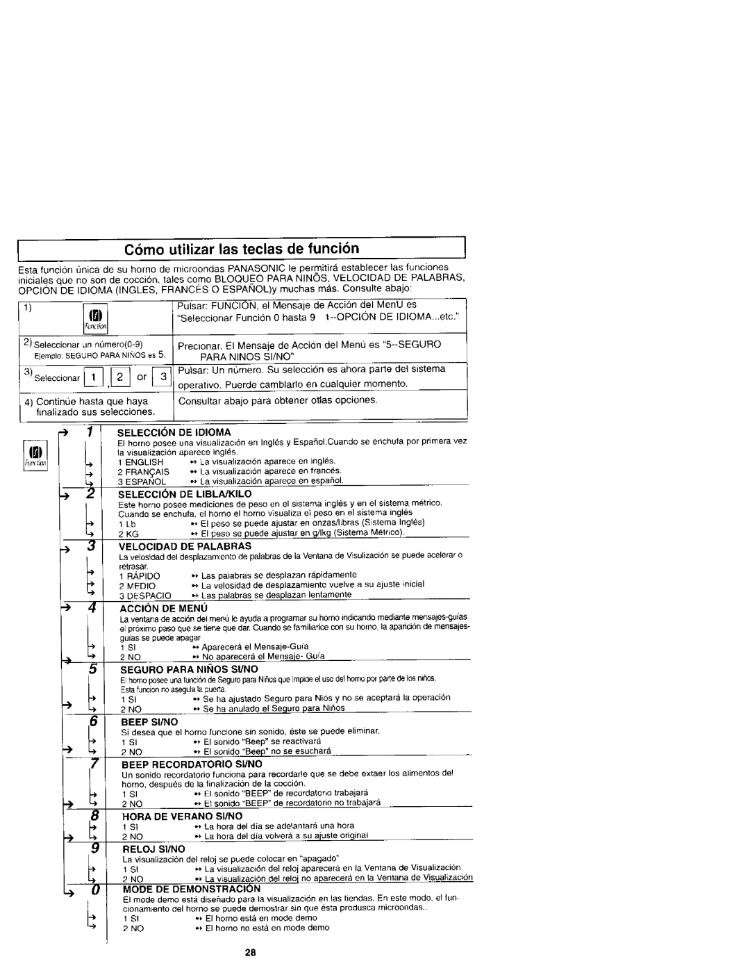 Panasonic NN-S961 manual Cbmo utilizar las teclas de funcibn, Seleccion DE Idioma 