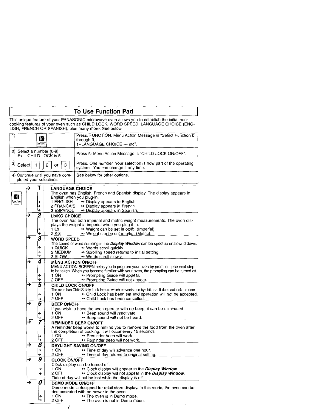 Panasonic NN-S961 manual To Use Function Pad 