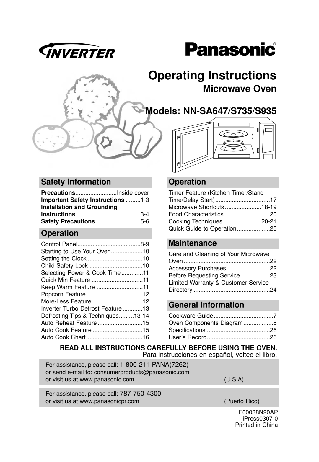 Panasonic NN-S935, NN-SA647 operating instructions Operating Instructions, Safety Information, Operation, Maintenance 