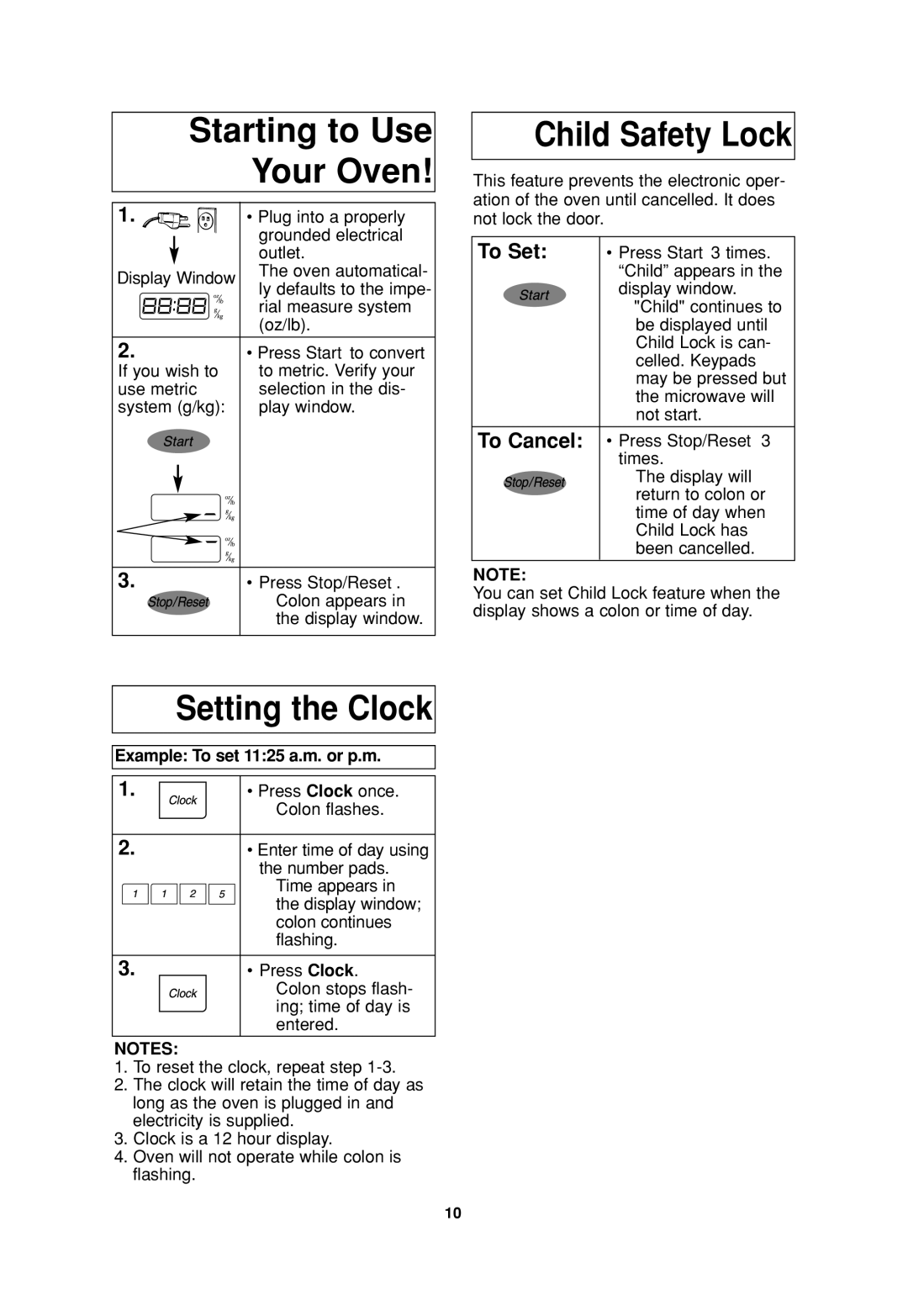 Panasonic NN-SA647 Starting to Use Your Oven, Setting the Clock, Child Safety Lock, Example To set 1125 a.m. or p.m 