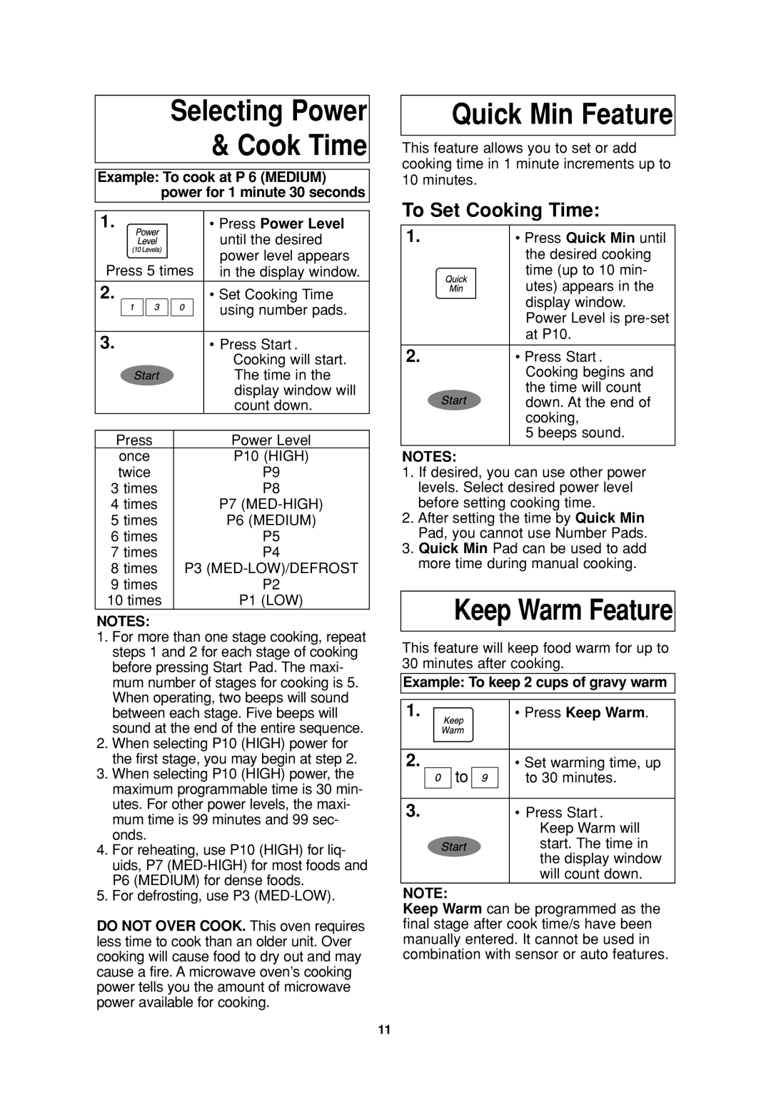 Panasonic NN-S935, NN-S735 Quick Min Feature, To Set Cooking Time, Press Power Level, Example To keep 2 cups of gravy warm 