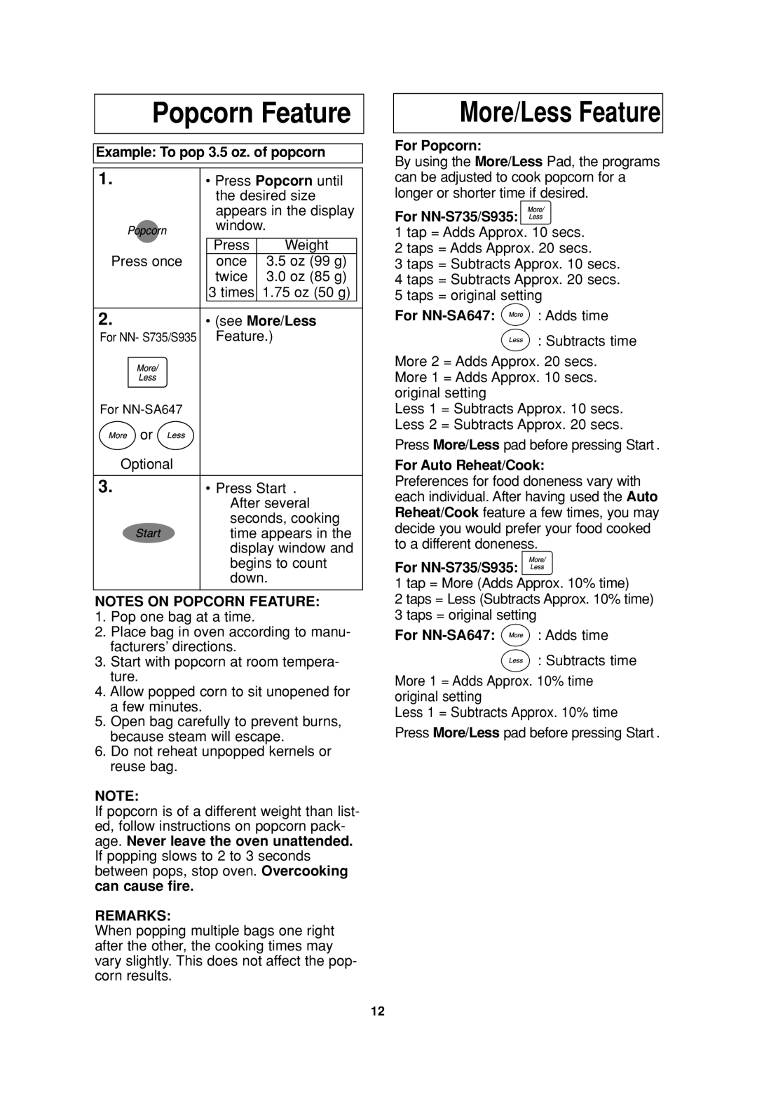 Panasonic NN-S735, NN-SA647, NN-S935 operating instructions Popcorn Feature 