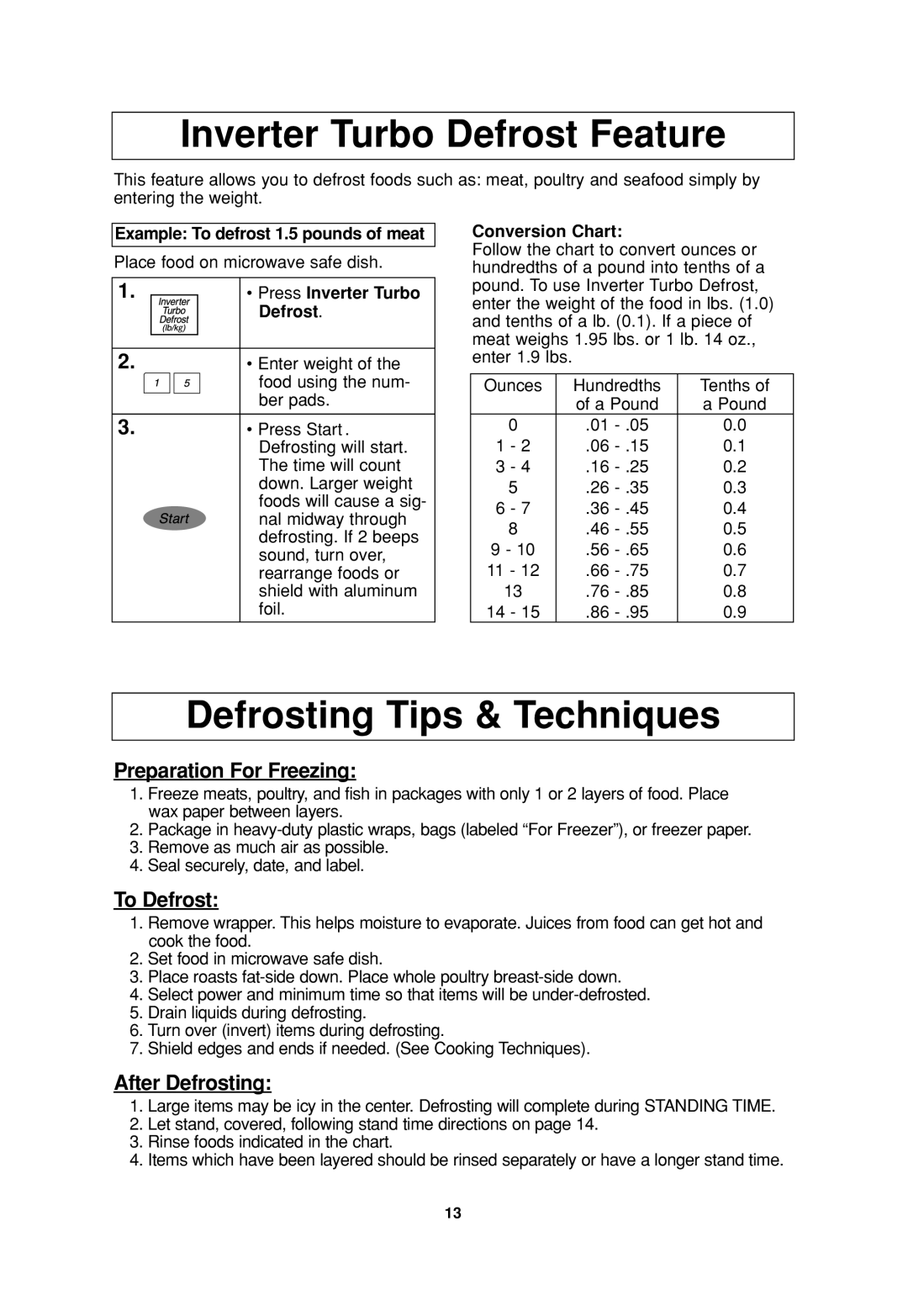 Panasonic NN-SA647 Inverter Turbo Defrost Feature, Defrosting Tips & Techniques, Example To defrost 1.5 pounds of meat 