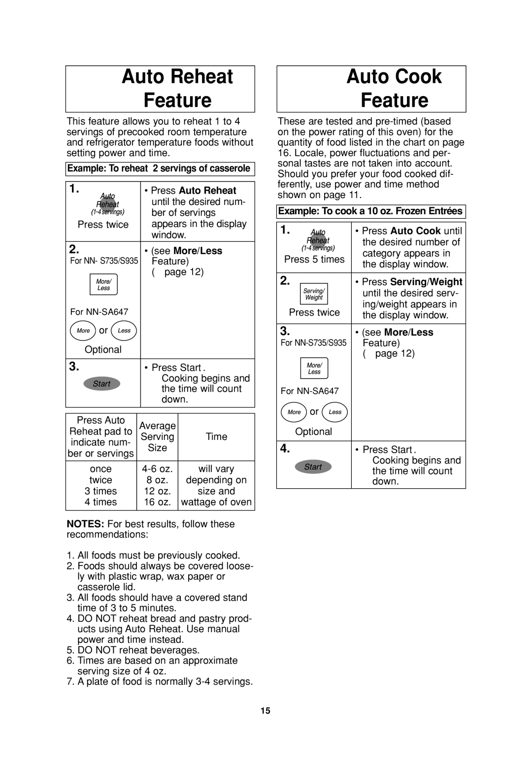 Panasonic NN-S735 Auto Reheat Feature, Auto Cook Feature, Example To reheat 2 servings of casserole Press Auto Reheat 