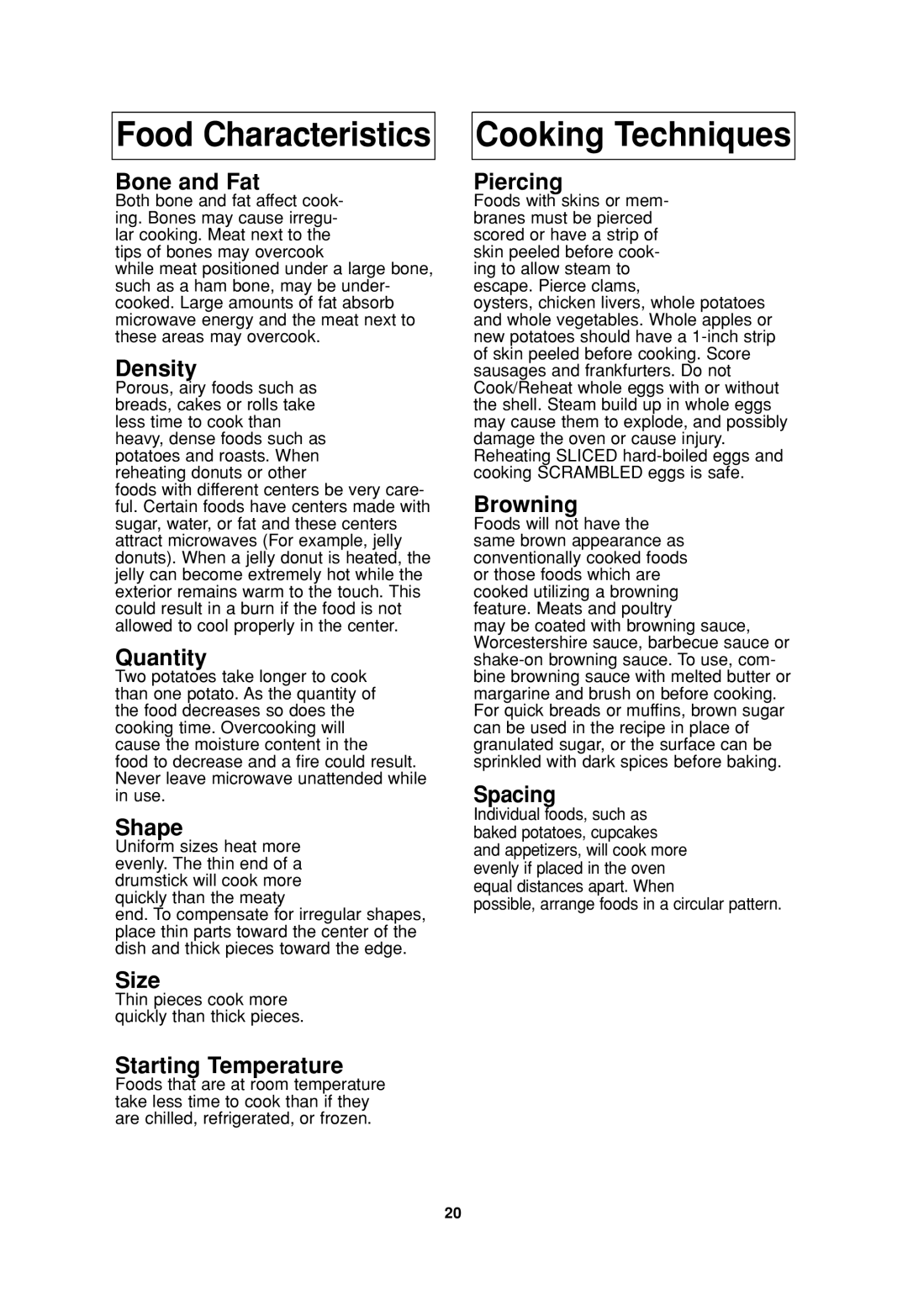 Panasonic NN-S935, NN-SA647, NN-S735 operating instructions Food Characteristics Cooking Techniques 