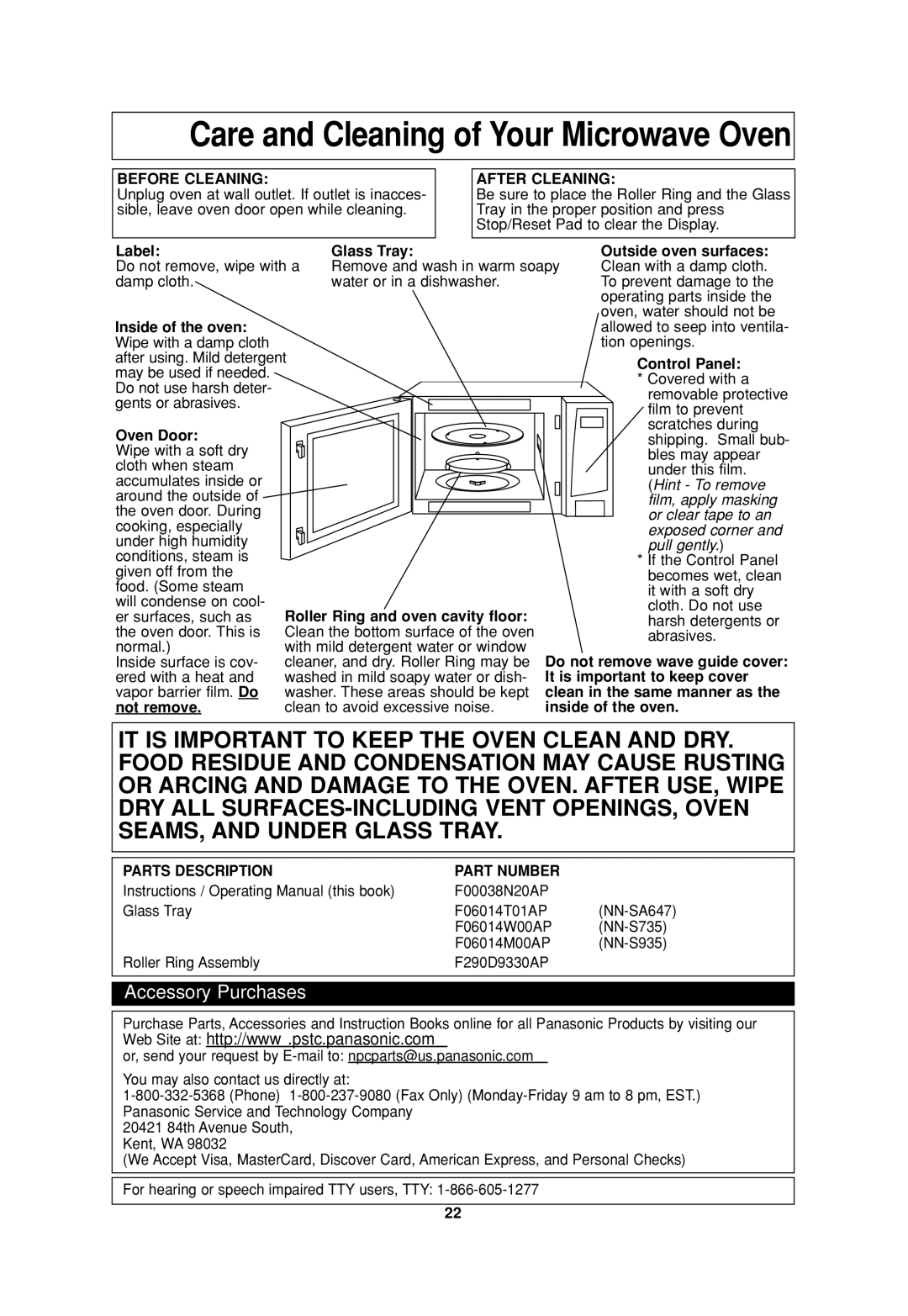 Panasonic NN-SA647, NN-S935, NN-S735 operating instructions Care and Cleaning of Your Microwave Oven 