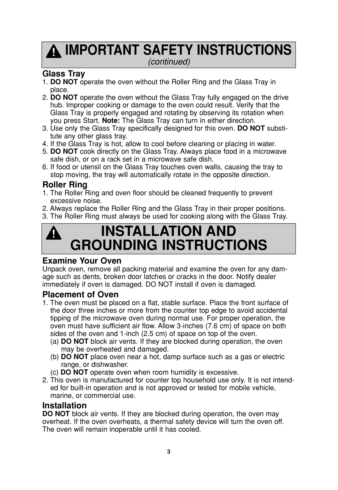 Panasonic NN-S735, NN-SA647, NN-S935 Glass Tray, Roller Ring, Examine Your Oven, Placement of Oven, Installation 