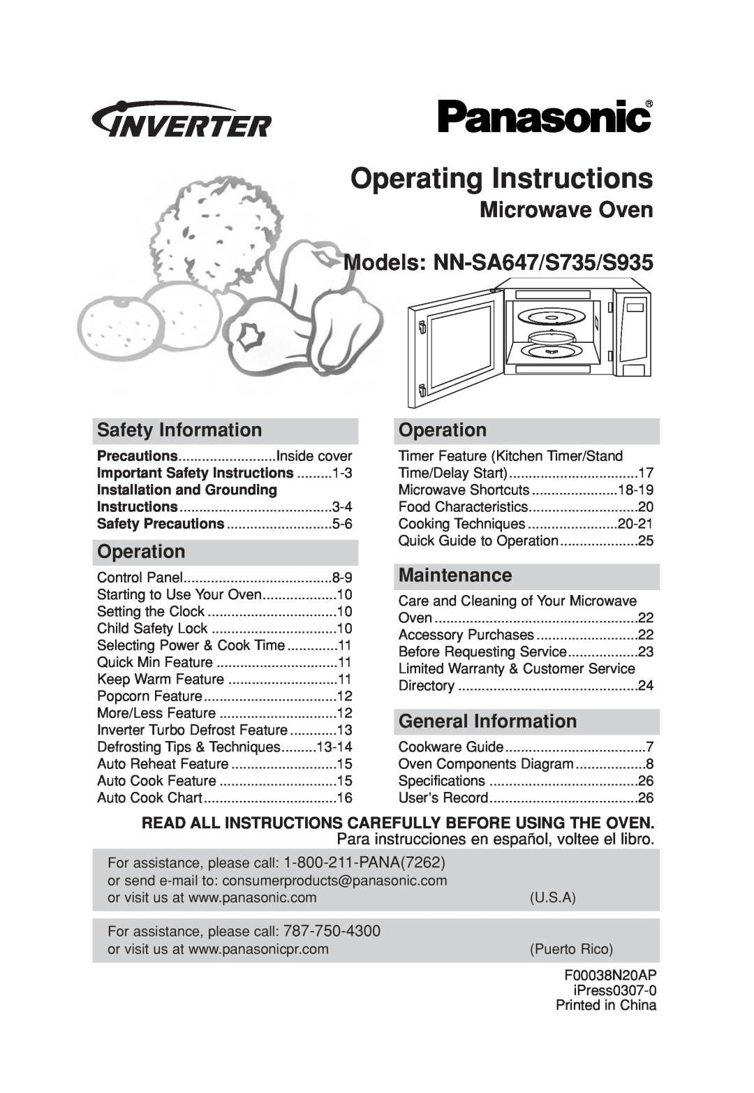 Panasonic NN-S935 operating instructions Operating Instructions, Microwave Oven Models NN-SA647/S735/S935, Operation 