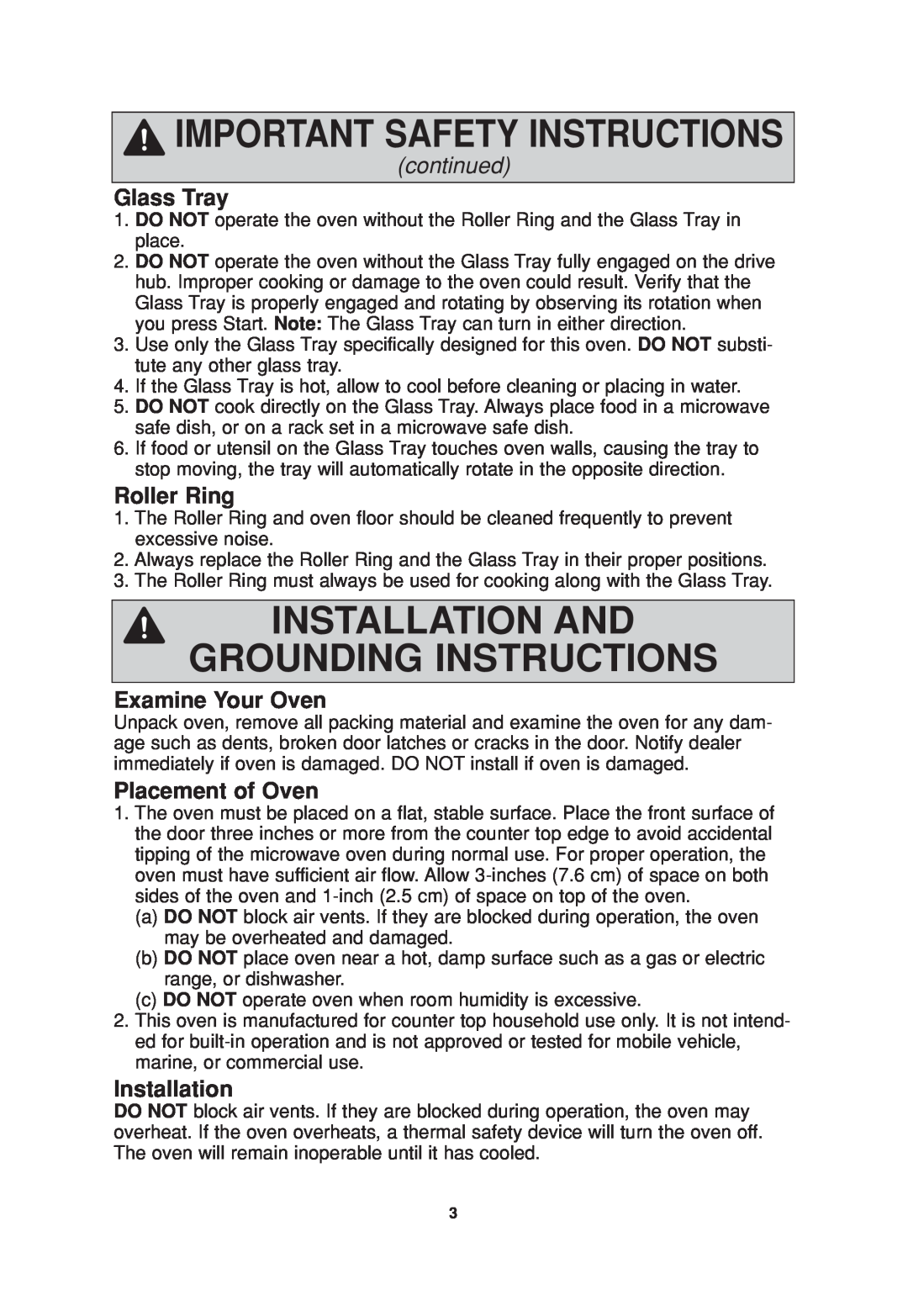 Panasonic NN-S735 Installation And Grounding Instructions, Glass Tray, Roller Ring, Examine Your Oven, Placement of Oven 