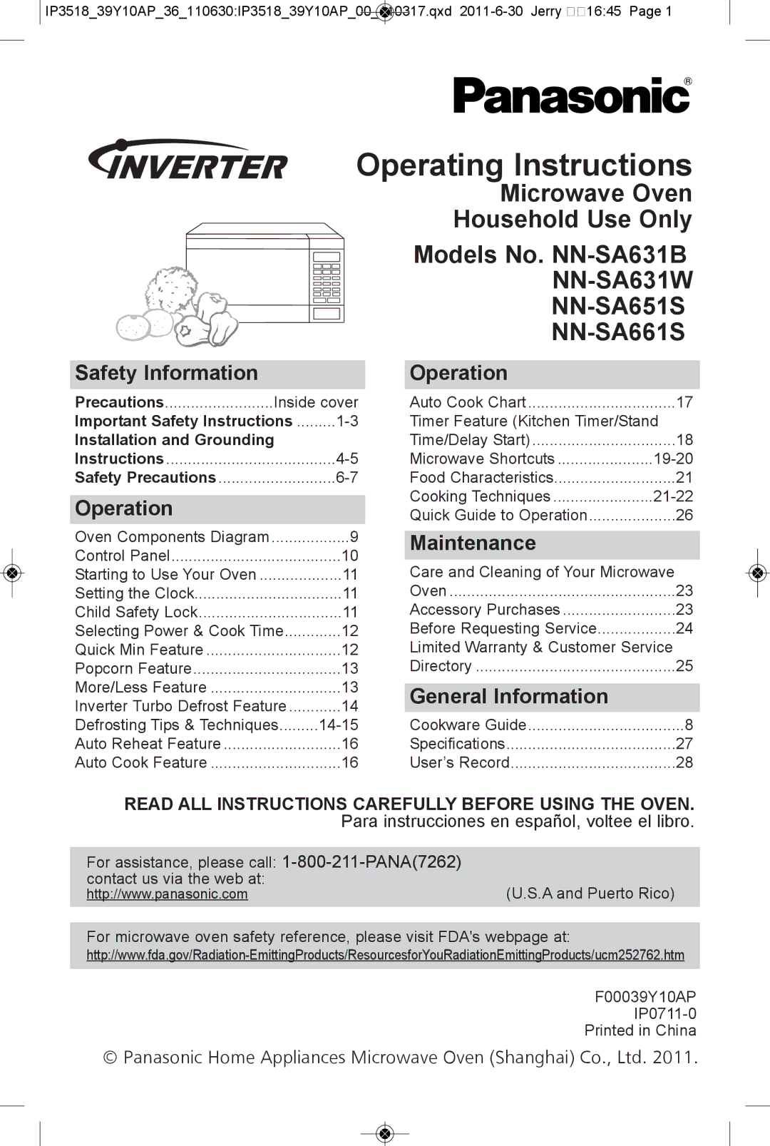 Panasonic NN-SA631B warranty Operating instructions, Safety information, Operation, Maintenance, General information 