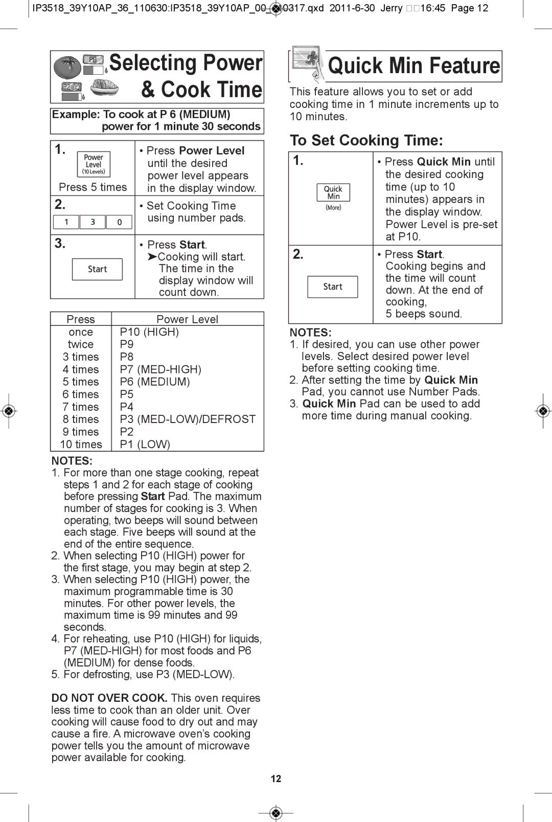 Panasonic NN-SA631W, NN-SA661S, NN-SA631B, NN-SA651S warranty Quick Min feature, To set cooking time, Press Power level 