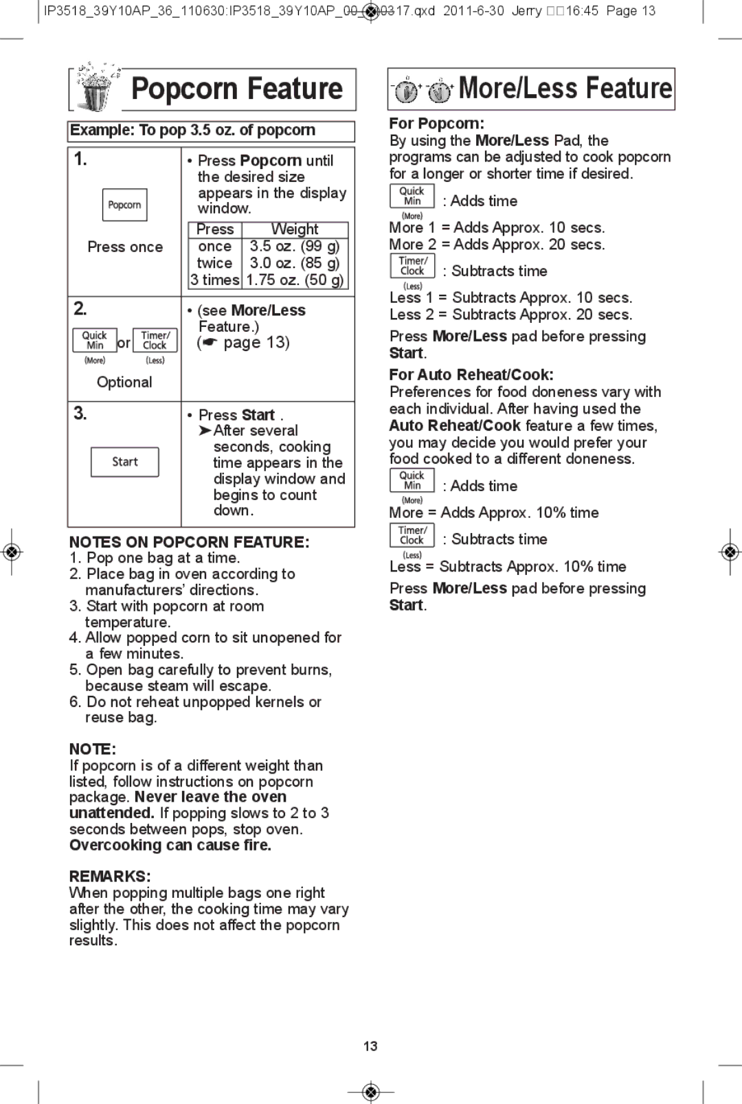 Panasonic NN-SA651S, NN-SA661S, NN-SA631B, NN-SA631W warranty Popcorn feature, More/less feature 