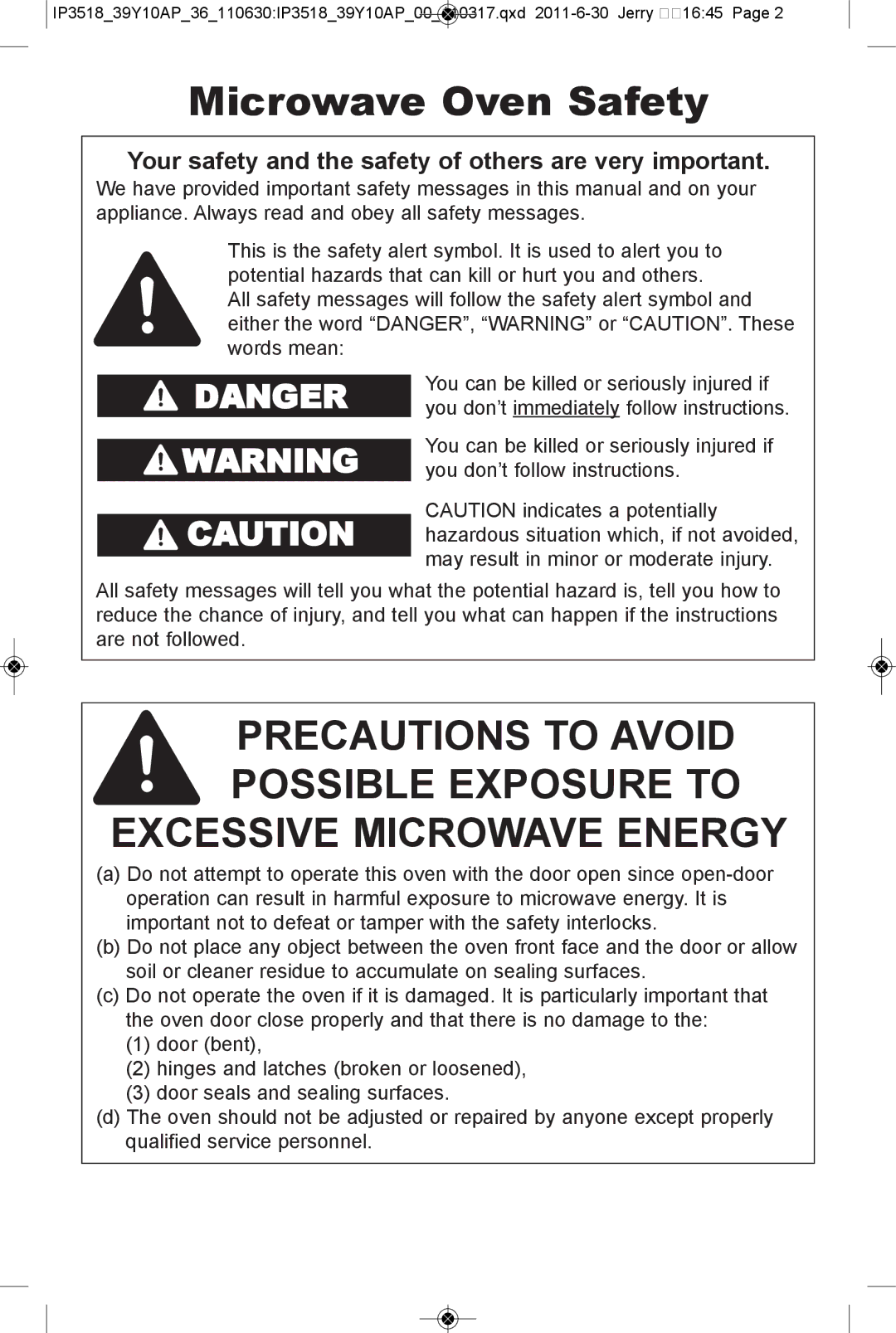 Panasonic NN-SA631W, NN-SA661S, NN-SA631B Microwave oven Safety, Your safety and the safety of others are very important 