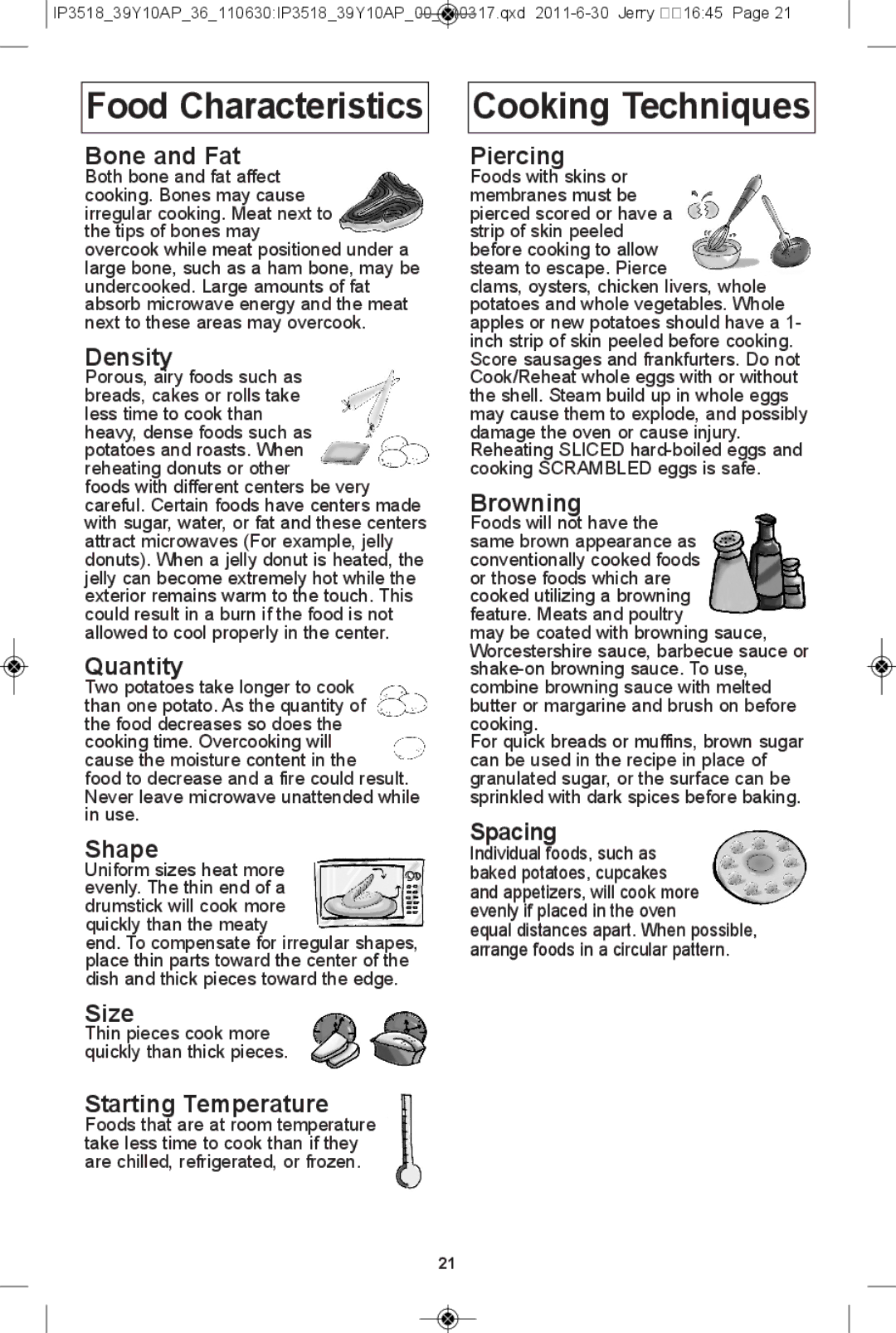 Panasonic NN-SA651S, NN-SA661S, NN-SA631B, NN-SA631W warranty Food characteristics, Cooking techniques 