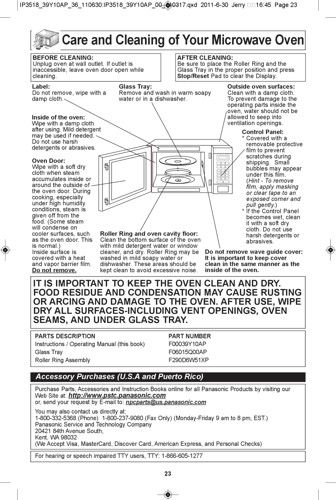 Panasonic NN-SA631B, NN-SA661S, NN-SA631W, NN-SA651S warranty Care and cleaning of your Microwave oven, Before cleaning 