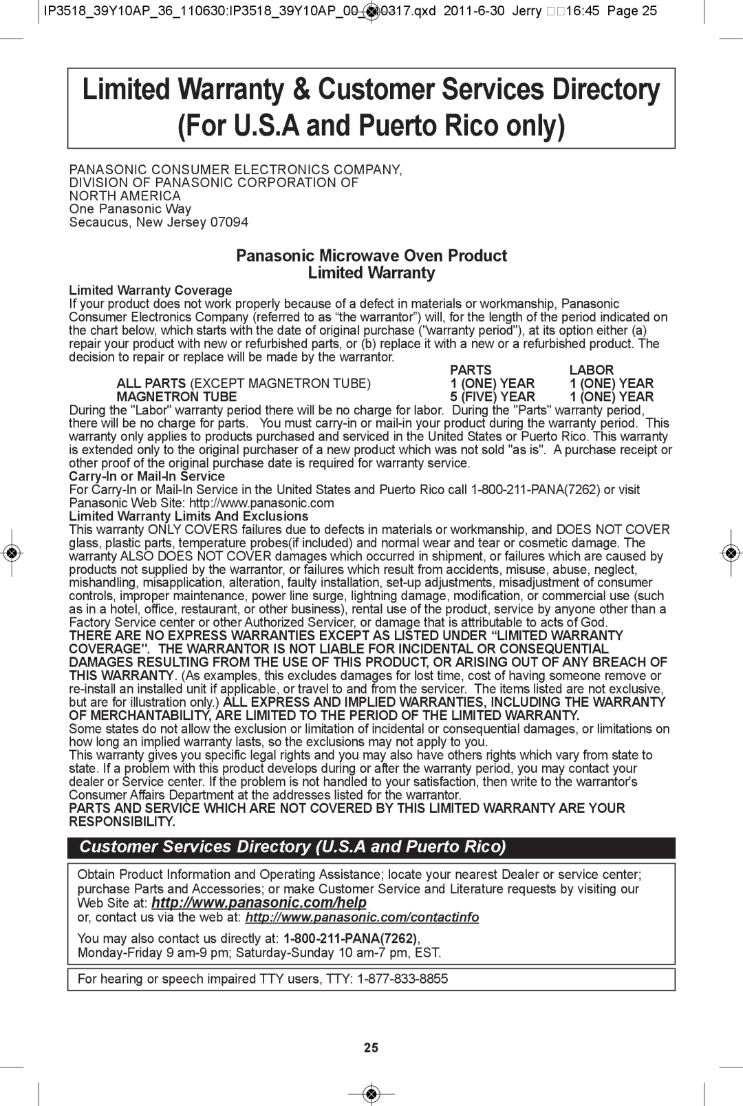 Panasonic NN-SA651S, NN-SA661S, NN-SA631B For u.s.a and Puerto rico only, Panasonic Microwave oven Product Limited Warranty 